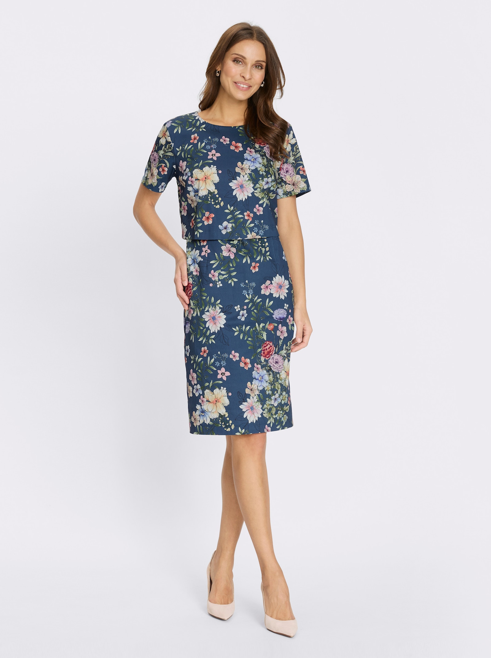 Druckkleid in Web-Qualität - dunkelblau-orchidee-bedruckt