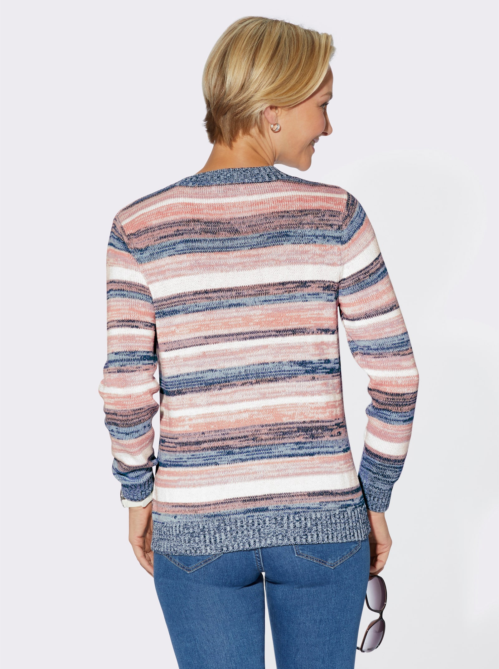 Langarm-Pullover aus reiner Baumwolle - taubenblau-puder-meliert