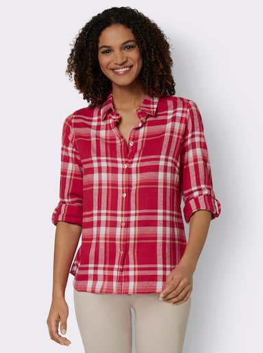 Flanellbluse mit krempelbaren Ärmeln - rot-camel-kariert