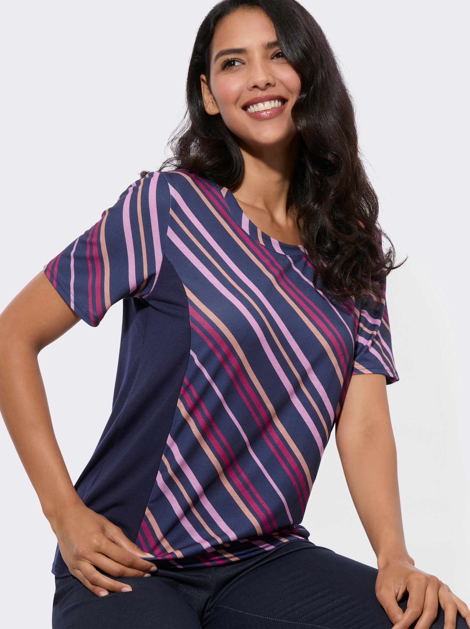 Freizeitshirt mit einfarbigen Einsätzen, gestreift - malve-gemustert