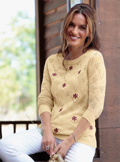 Ajourpullover mit Blumenstickerei - sand-bordeaux-gemustert