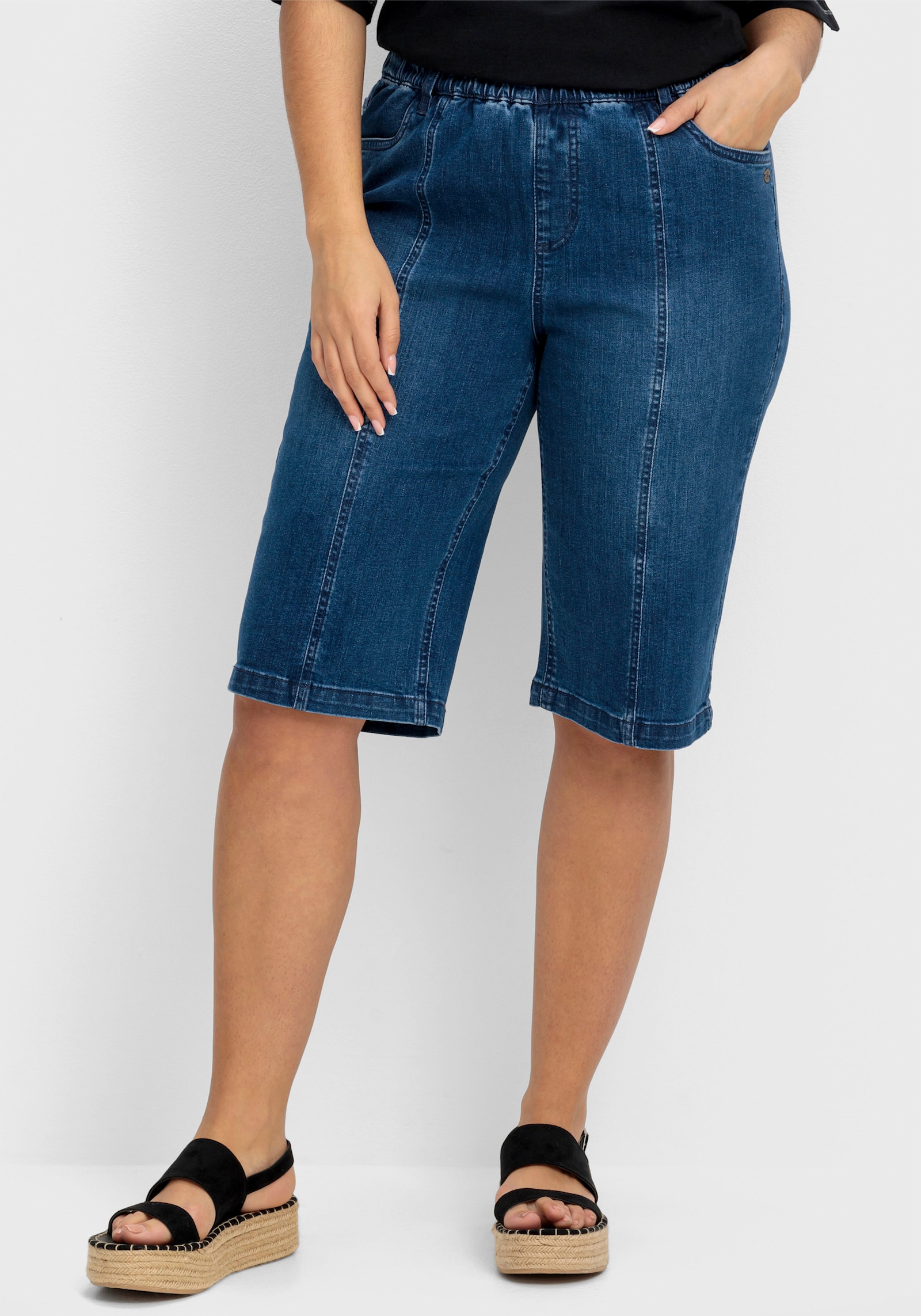 sheego Jeansbermuda met elastische band - blue denim
