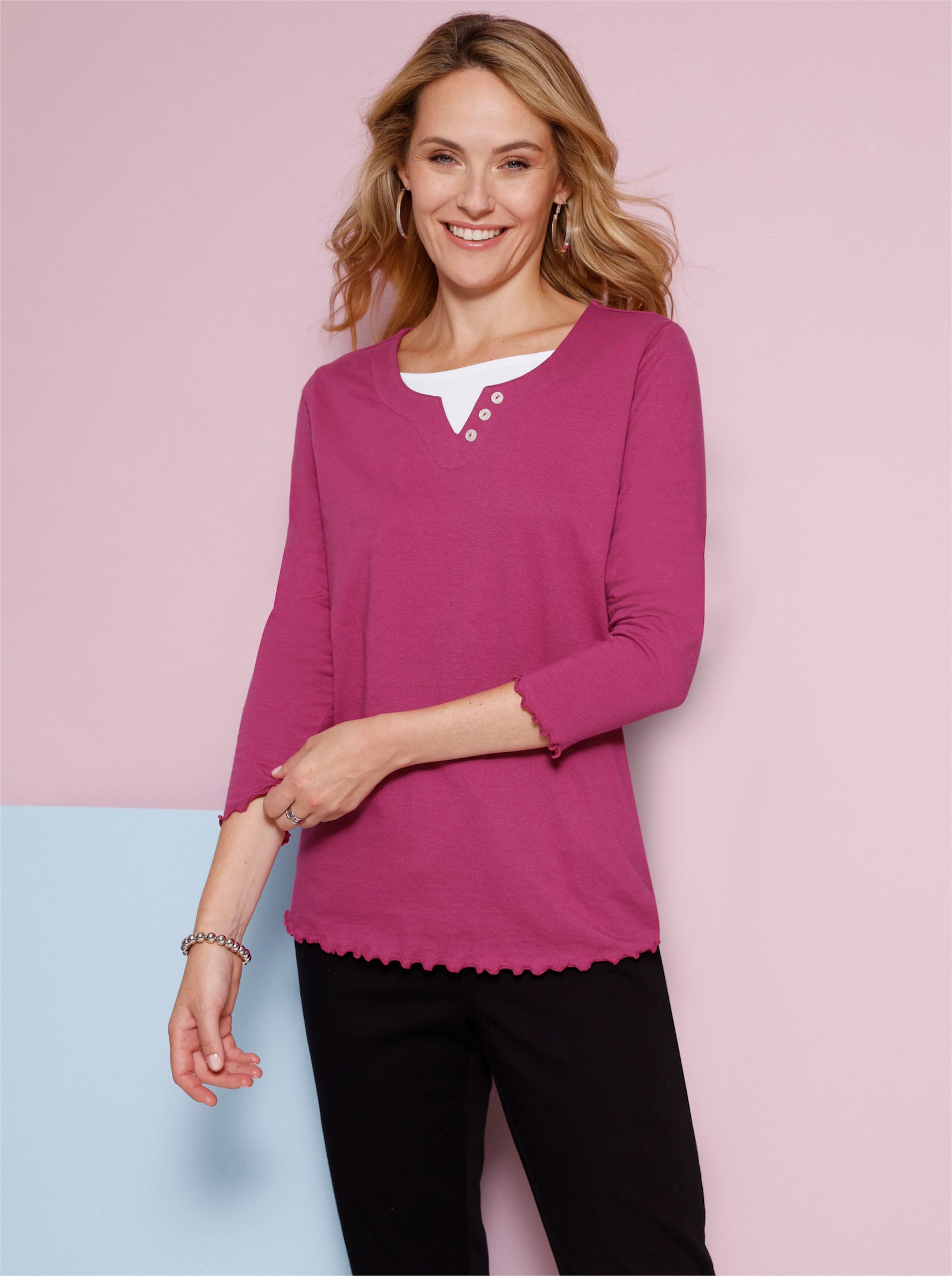 2-in-1-Langarmshirt mit gewellten Abschlüssen - magenta-weiss