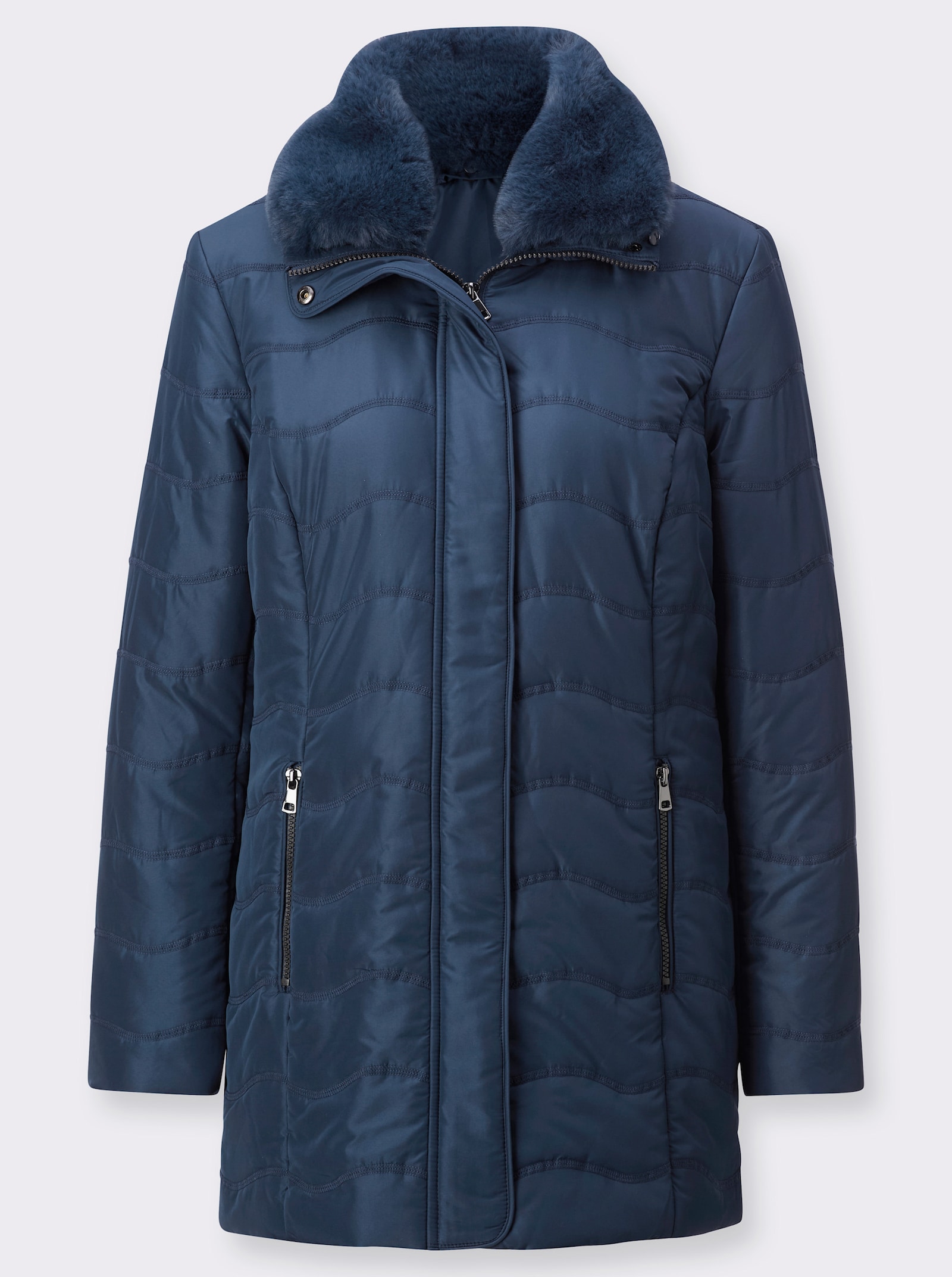 Steppjacke mit Pelz-Imitat-Besatz - dunkelblau
