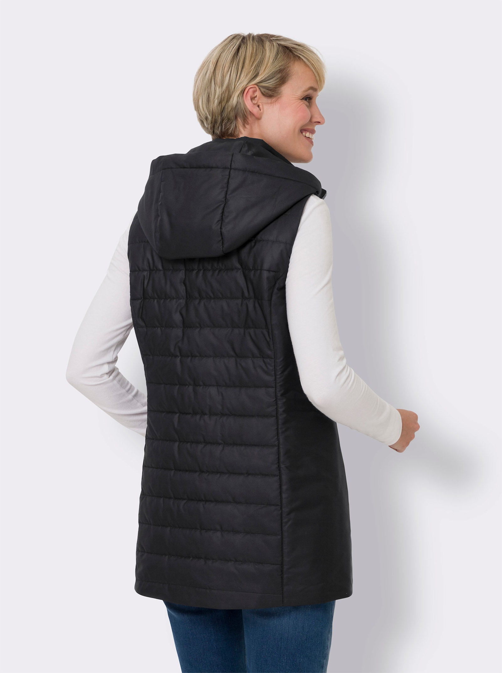 Lange bodywarmer met capuchon - zwart