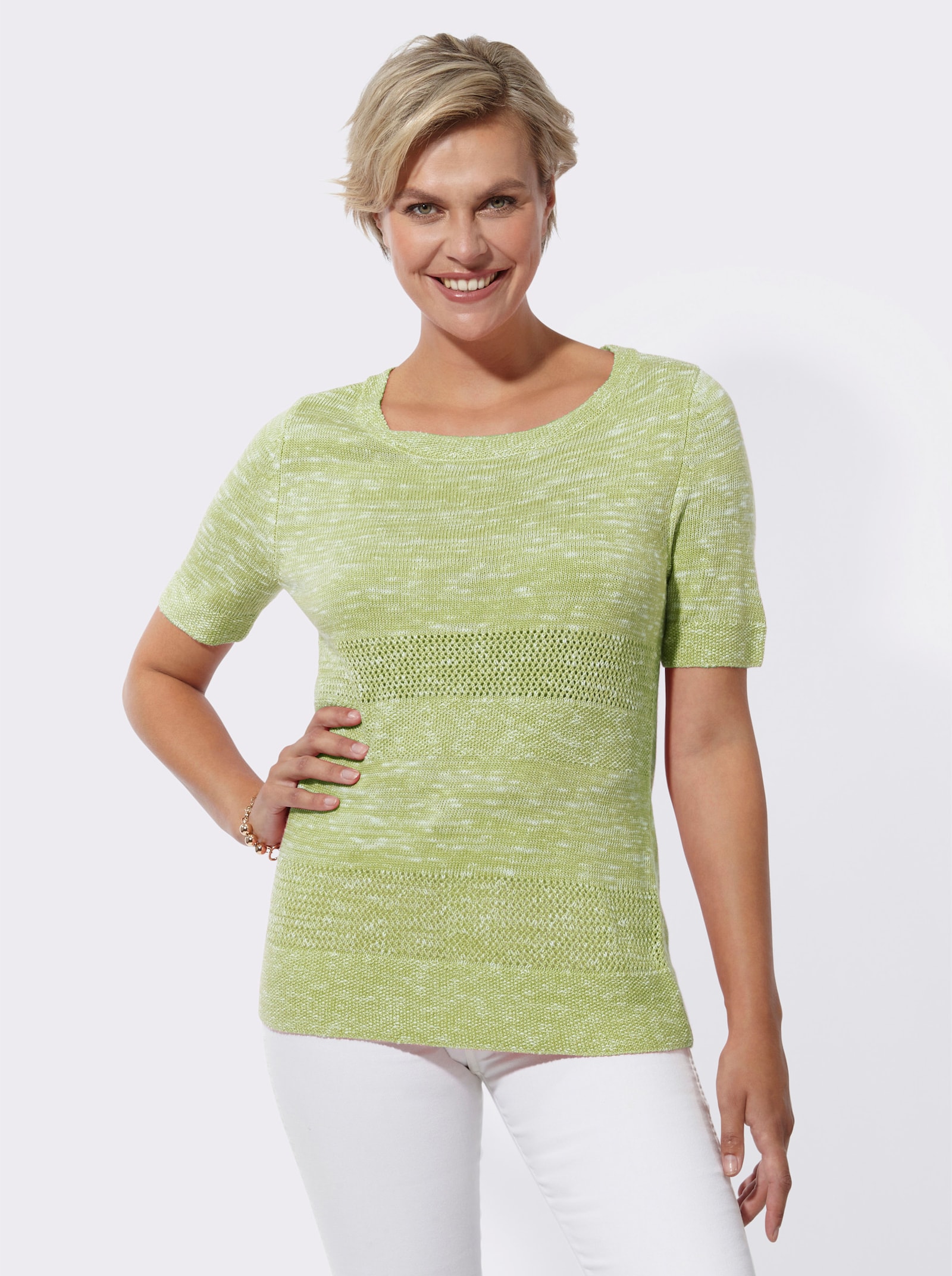 Ajourpullover in patroonmix - pistache gemêleerd