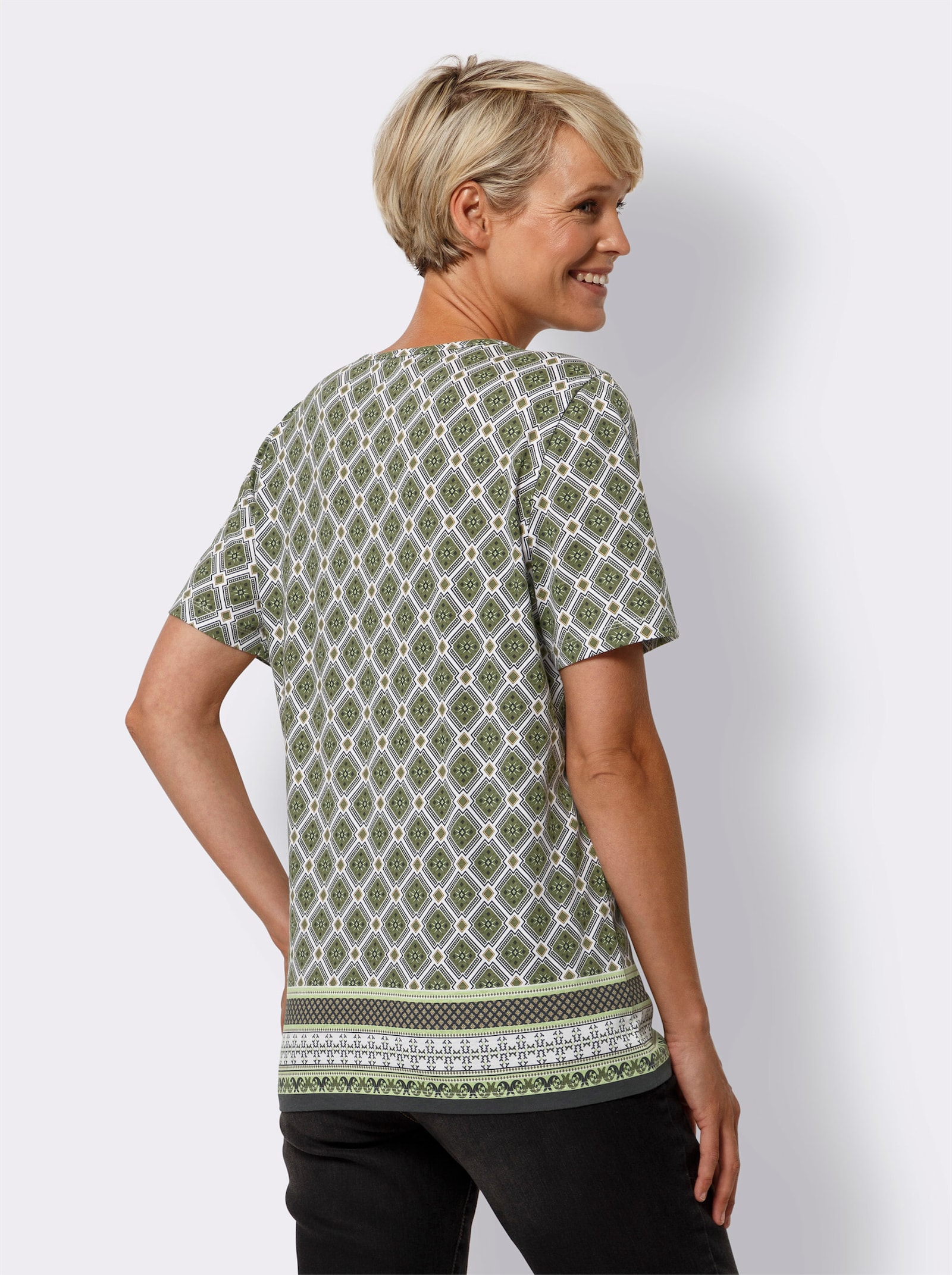 Shirt met korte mouwen en randprint, katoen - olijf/wit gedessineerd