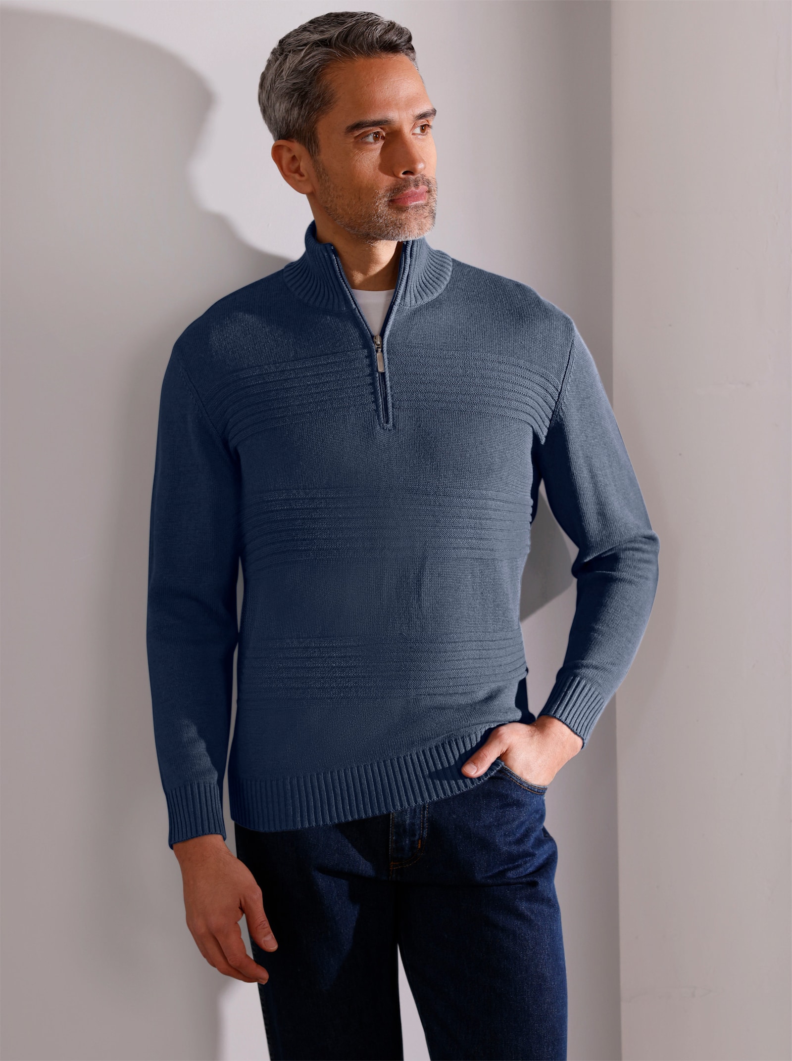 Pullover met lange mouwen en ribtricotpatroon - rookblauw