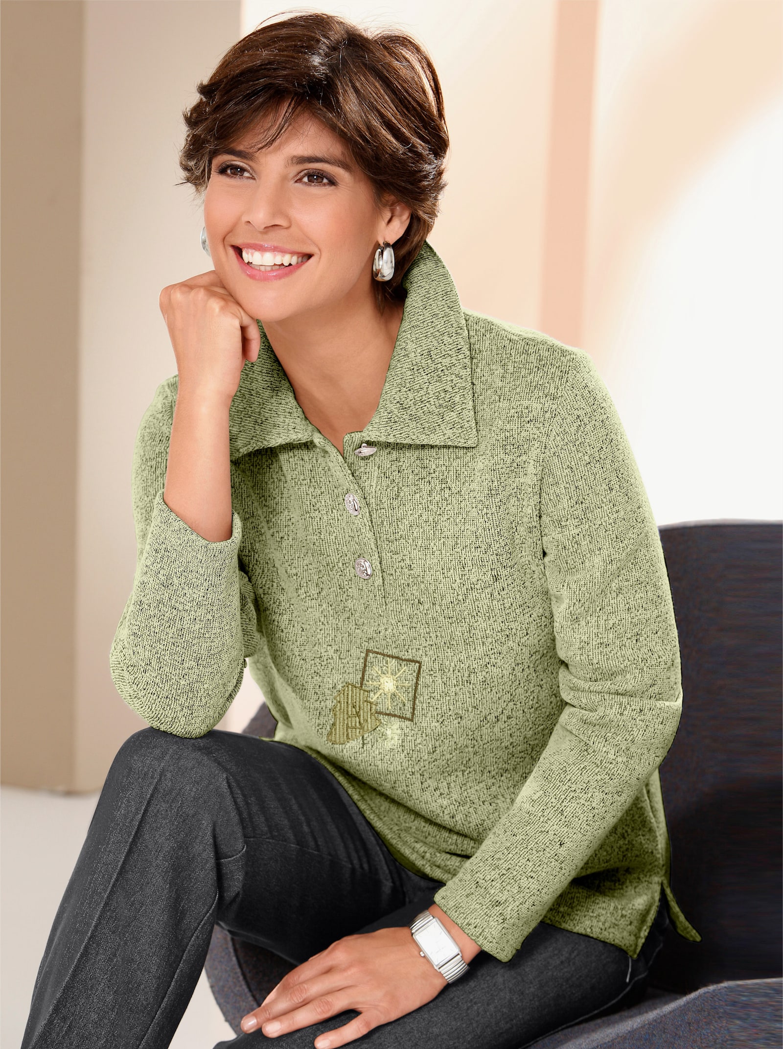 Langarm-Poloshirt mit angerautem Fleece - schilf-meliert