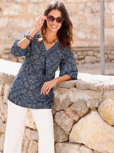 Druckbluse mit Weite gebender Falte - marine-bedruckt