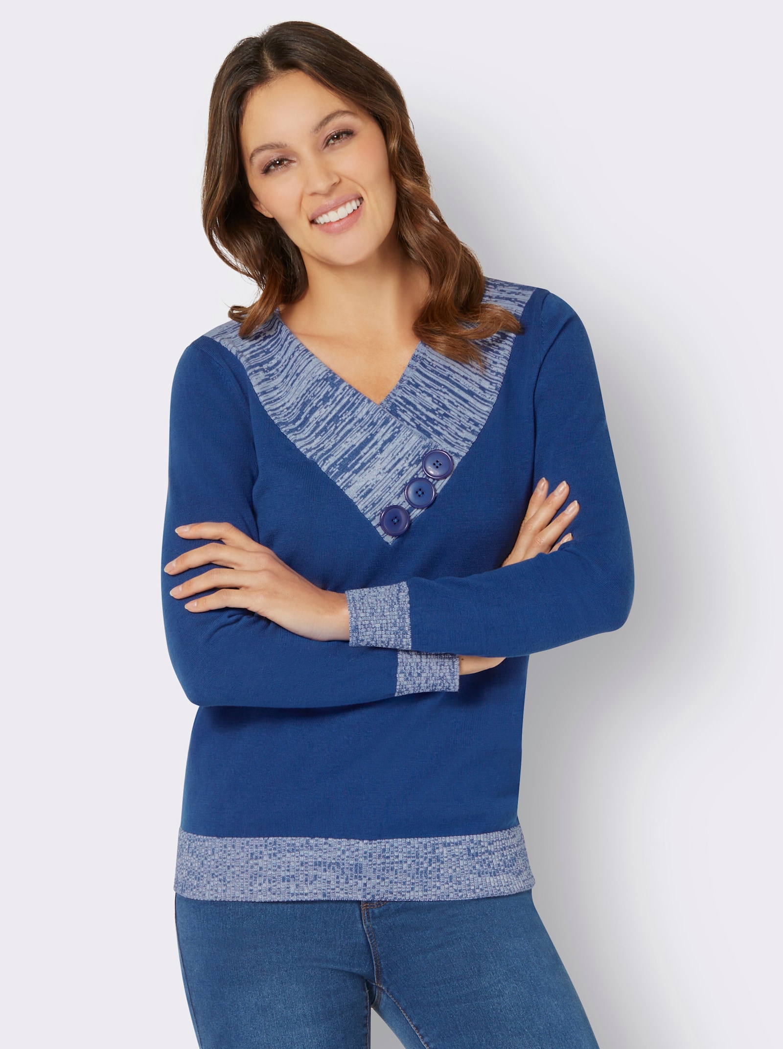 Langarm-Pullover mit Melange-Partien - royalblau