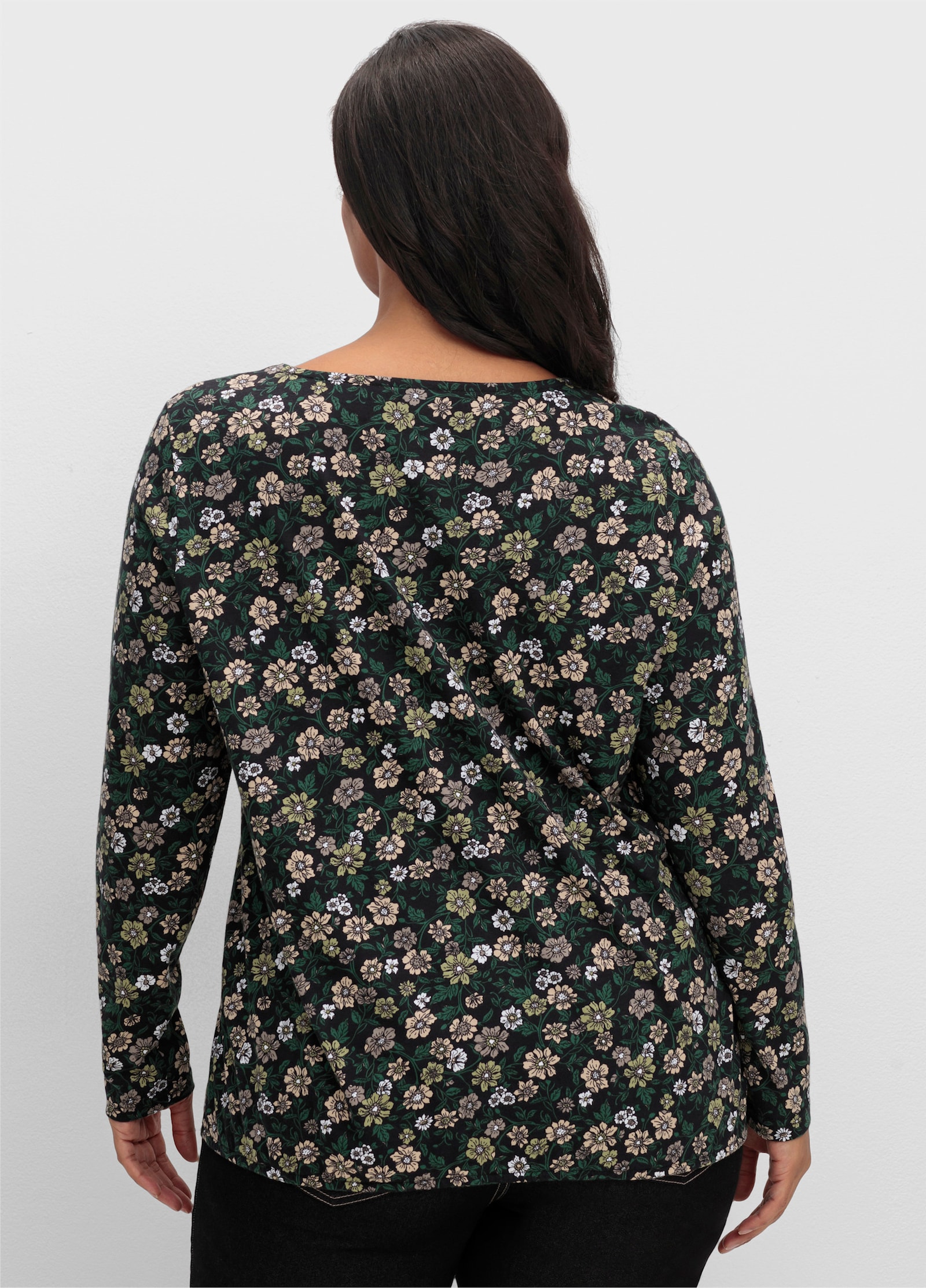 Langarmshirt im Blumen-Dessin - schwarz-schilf-bedruckt
