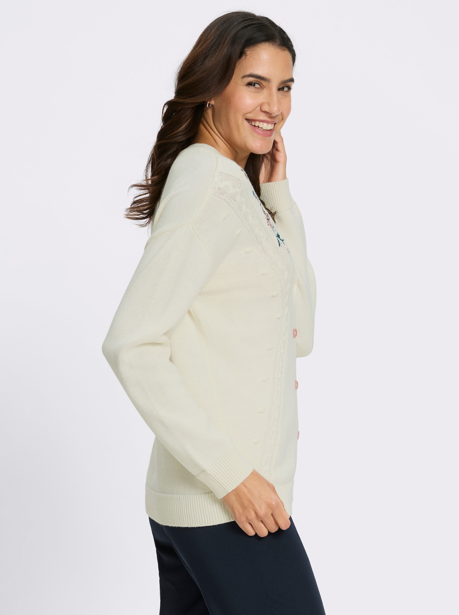 Strickjacke mit Ajour-Strick - champagner-burgund-gemustert