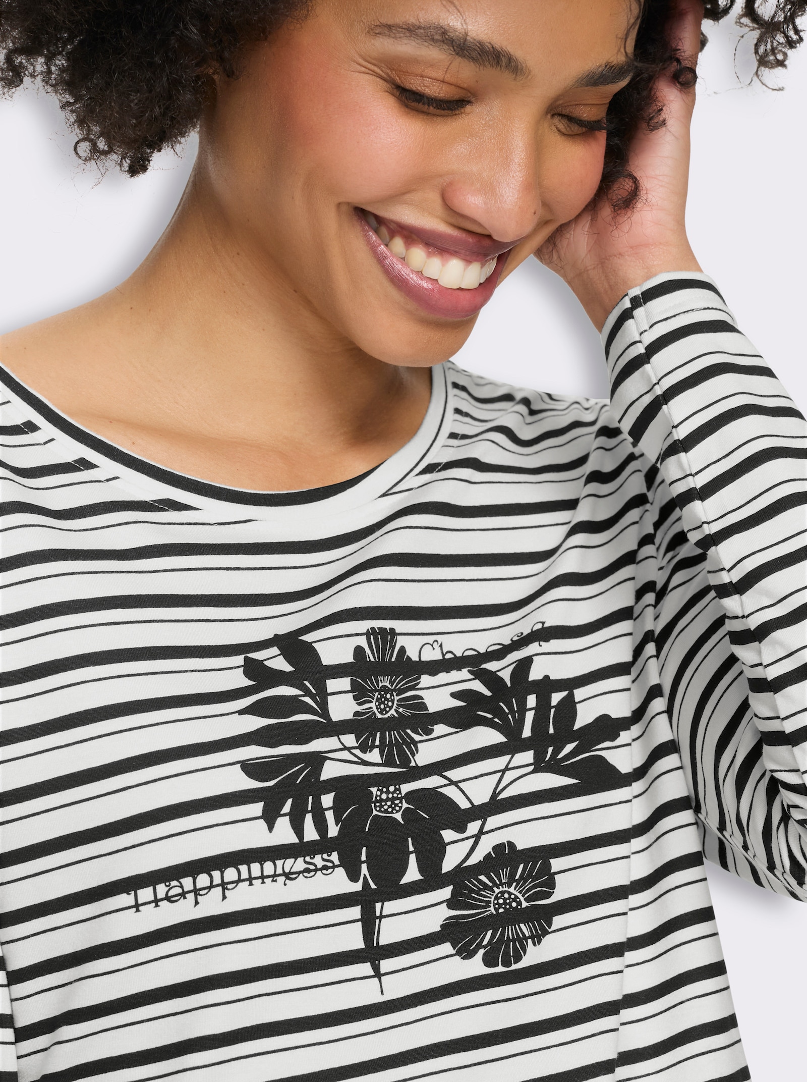 heine Langarmshirt mit Ringel- und Blüten-Print - schwarz-ecru-geringelt