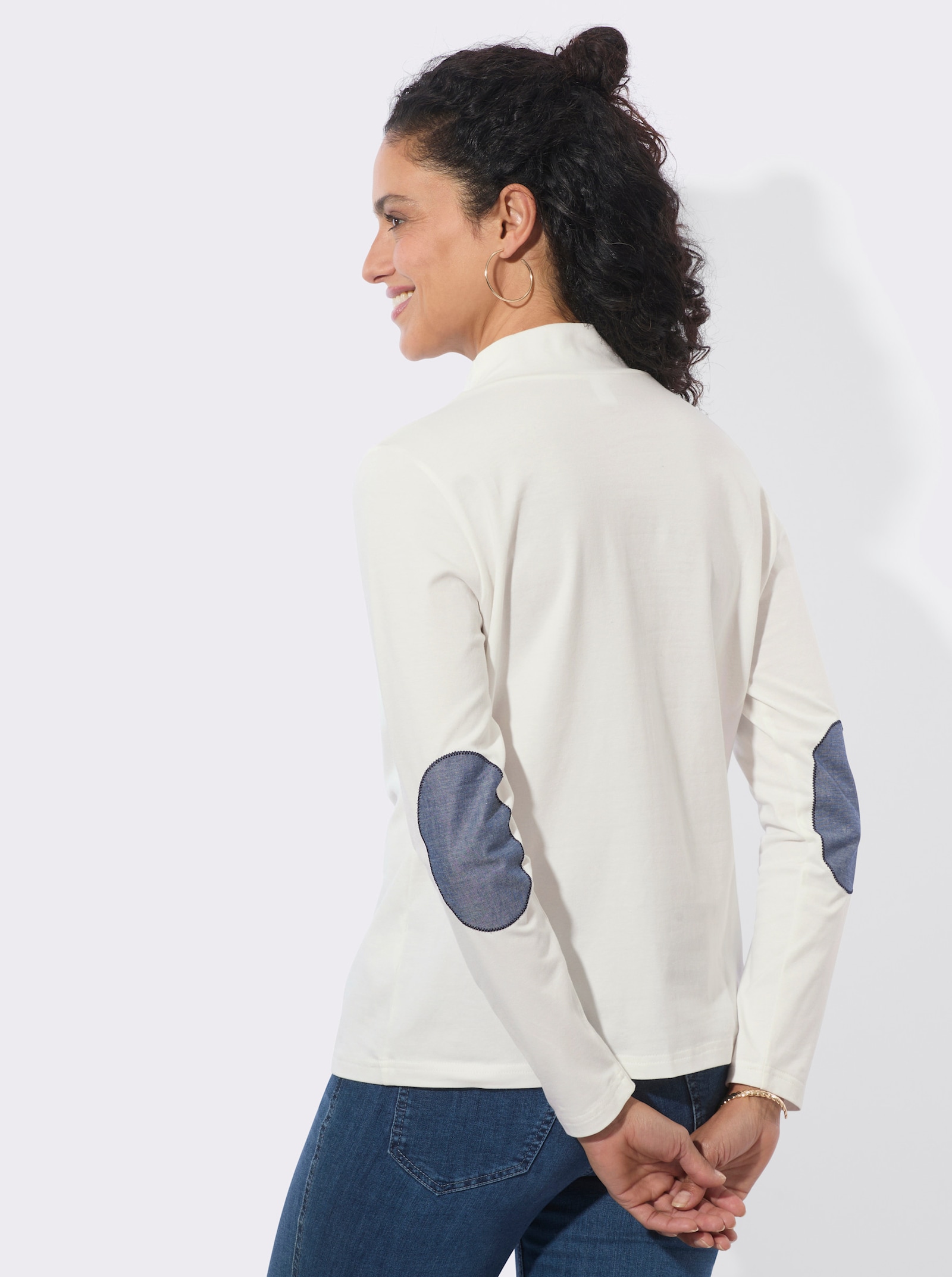 Stehkragenshirt mit Ellbogen-Patches in Jeans-Optik - ecru
