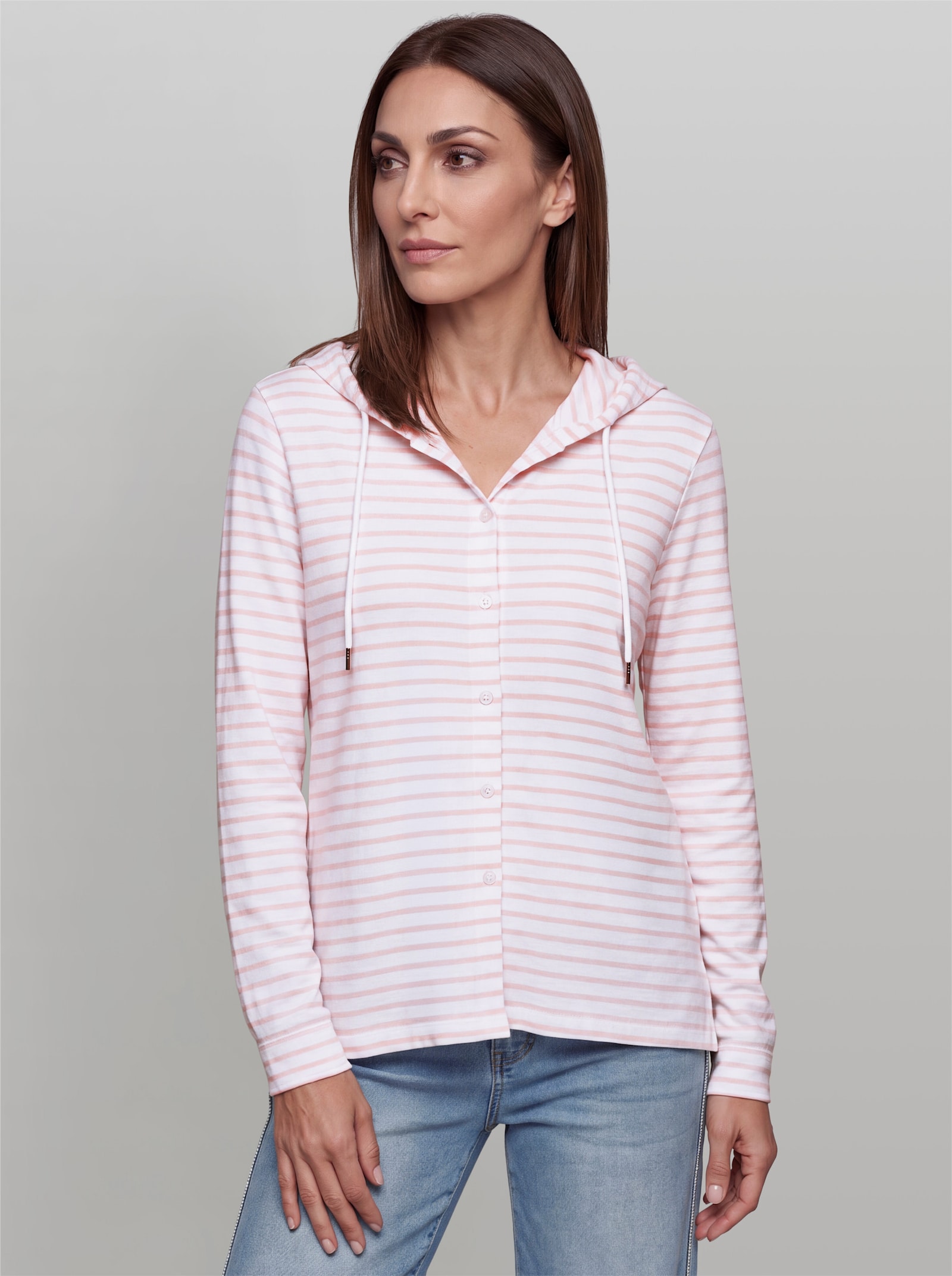 heine Streifenshirt mit Kapuze - weiß-hellrosé-geringelt