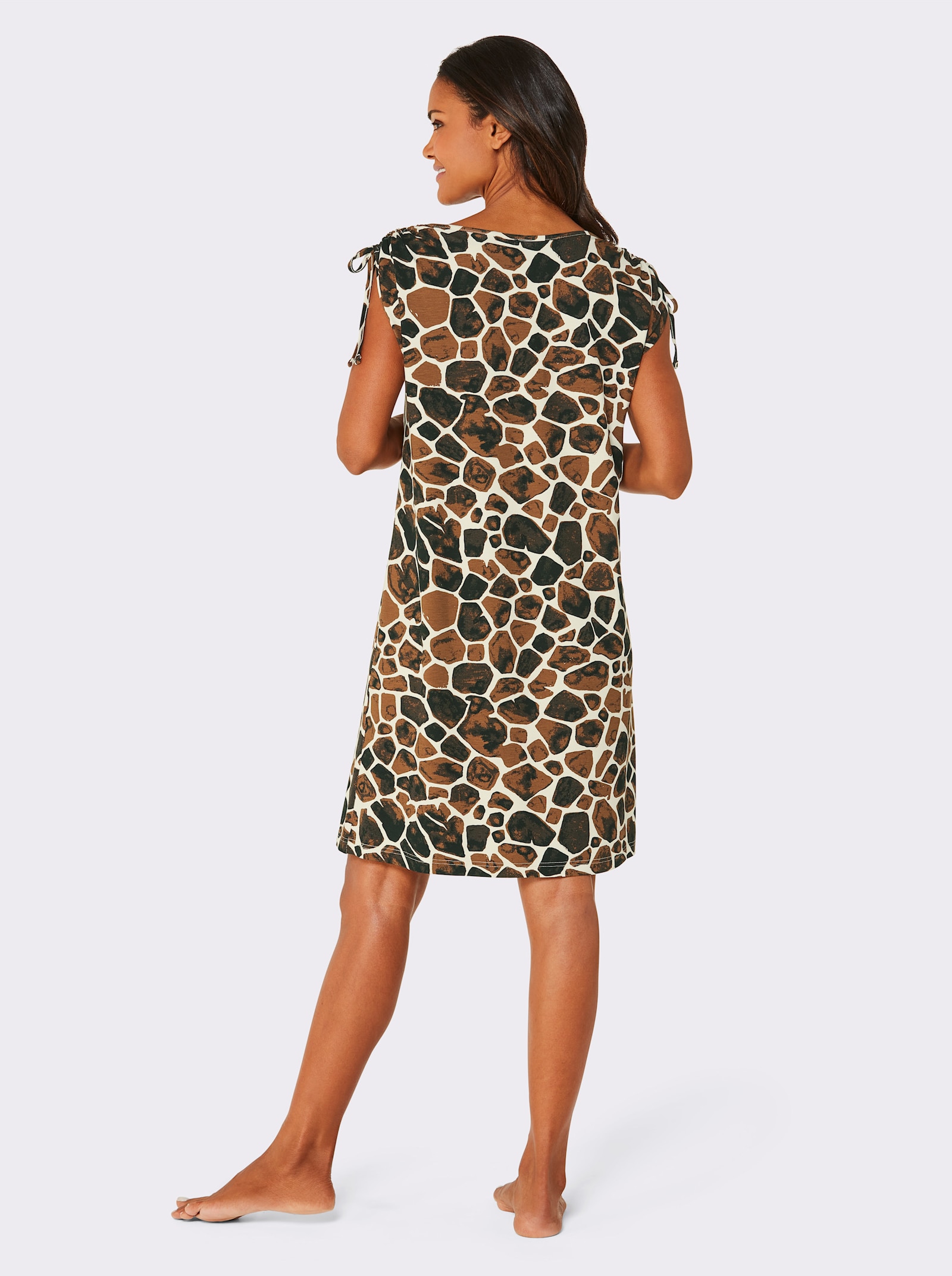 feel good Sommerkleid mit Bindeband an der Schulter - champagner-schoko-bedruckt