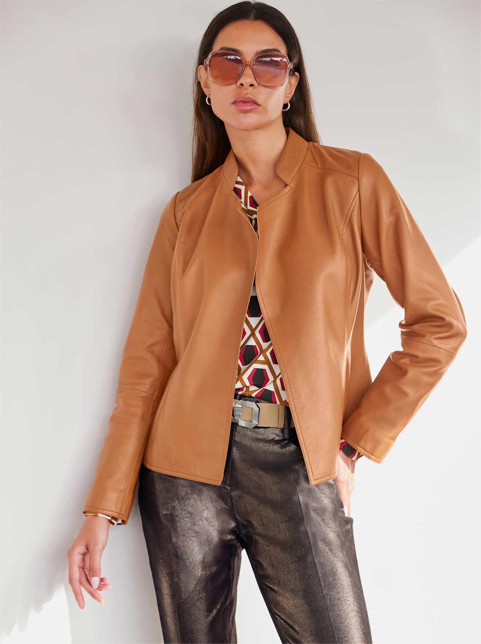heine Lederjacke mit Nahttaschen, glänzend - cognac