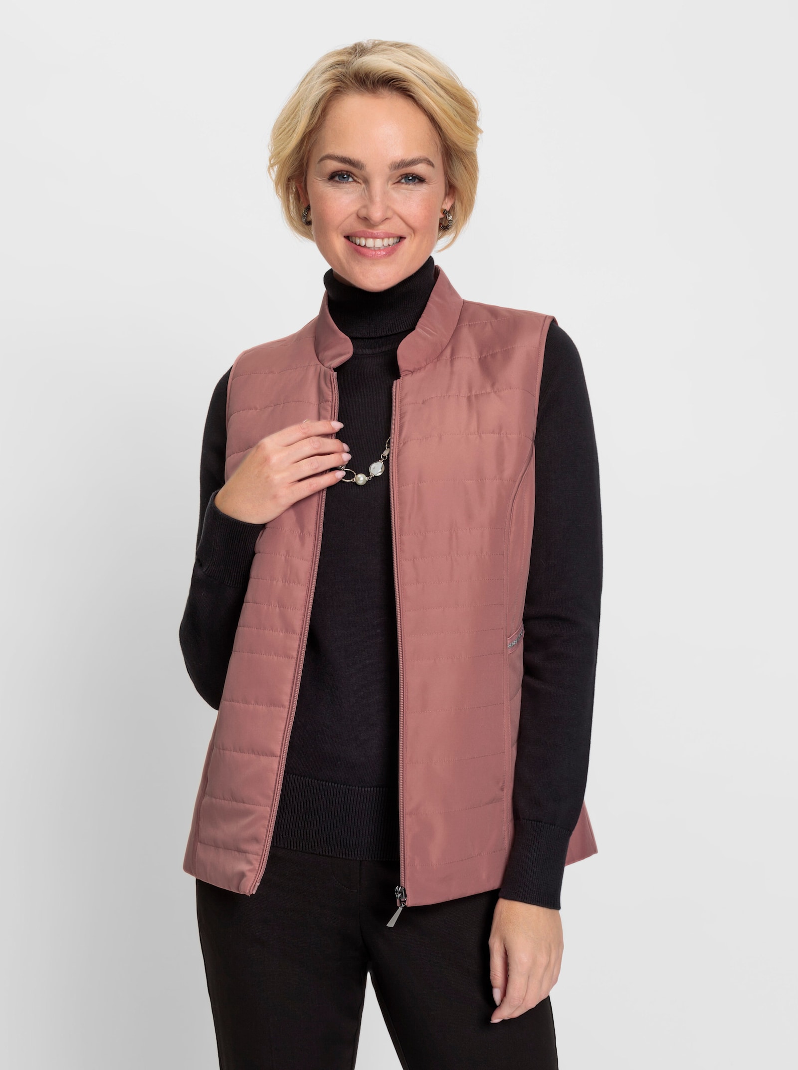Steppweste mit Stehkragen und Zierband - rosenholz
