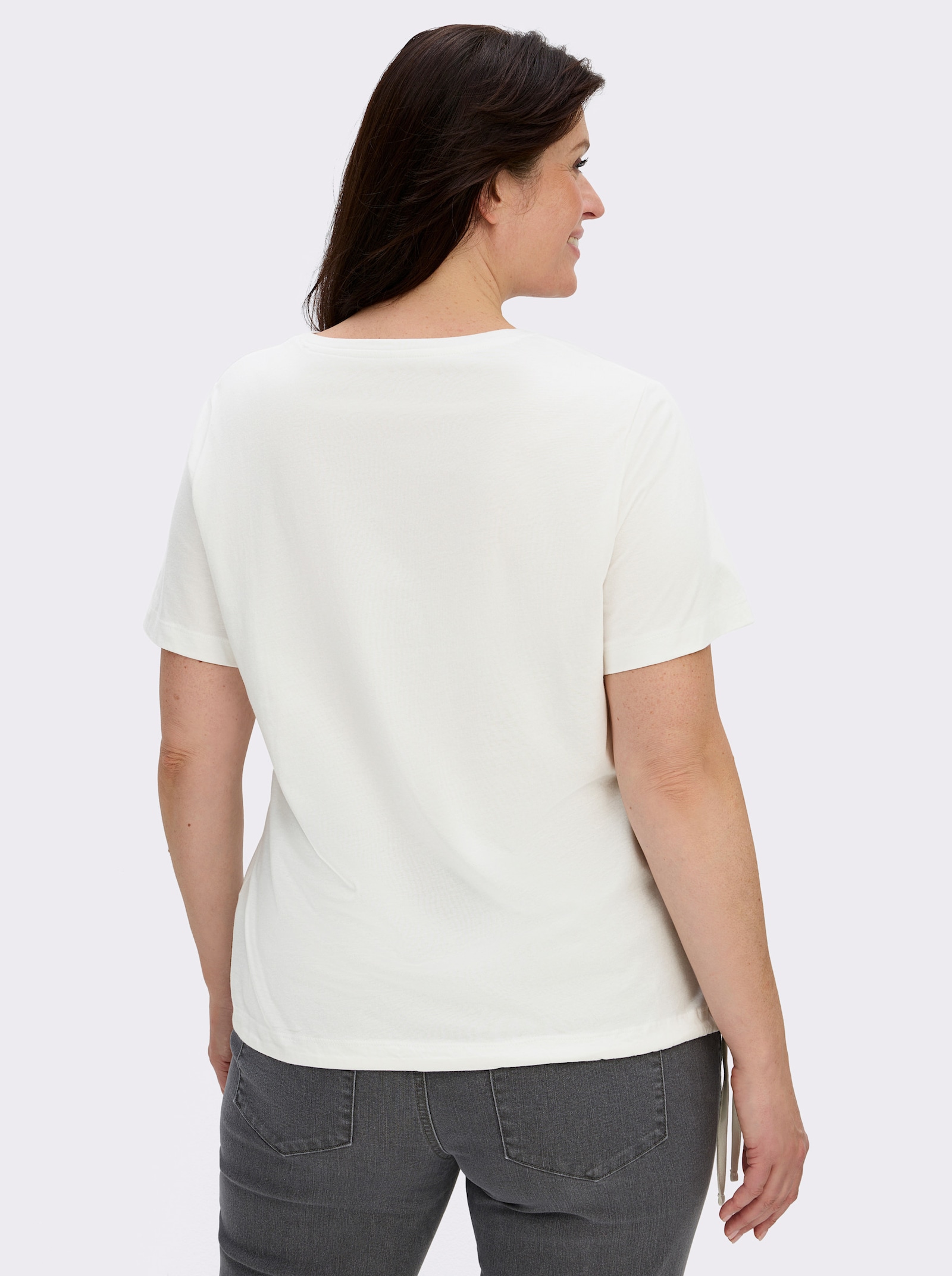 Kurzarmshirt mit Bindeband am Saum - ecru-bedruckt