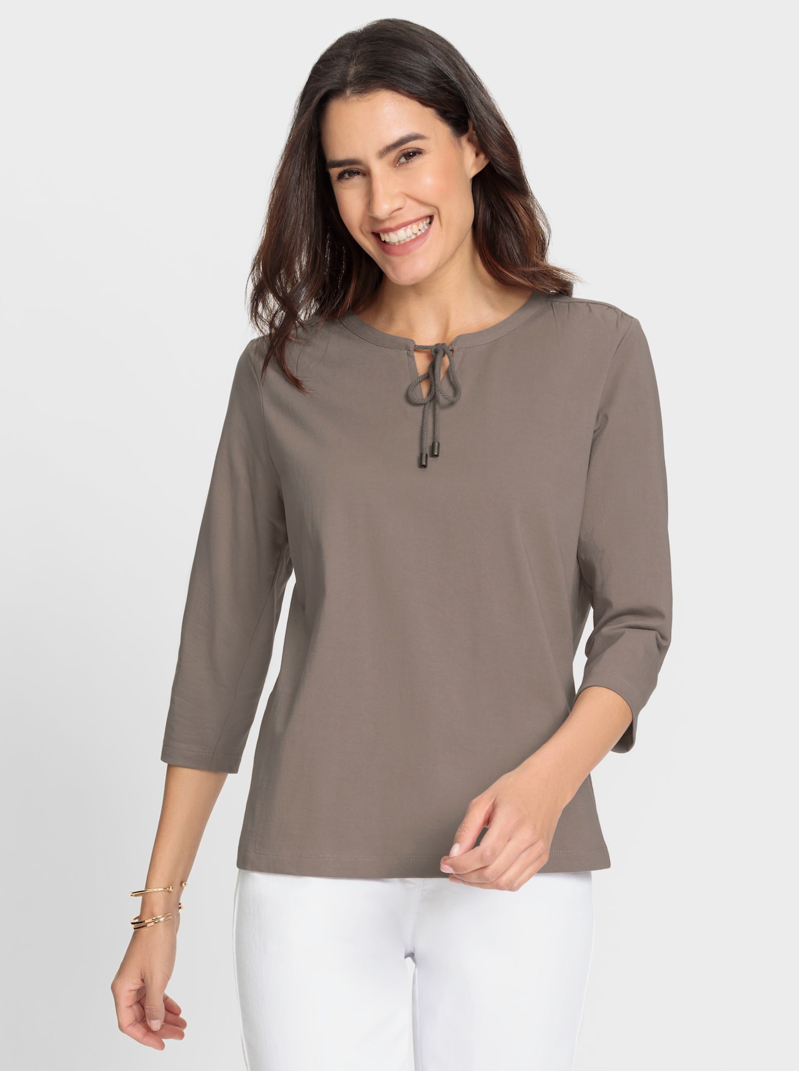 3/4-Arm-Shirt mit Raffung an der Schulter - taupe