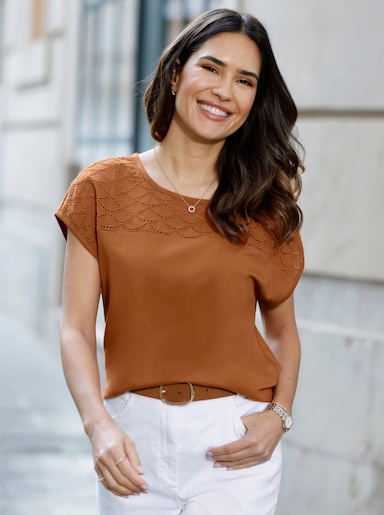 Kurzarmshirt mit Lochstickerei-Einsatz - cognac