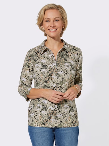 Poloshirt mit Glitzersteinchen - schlamm-ecru-bedruckt