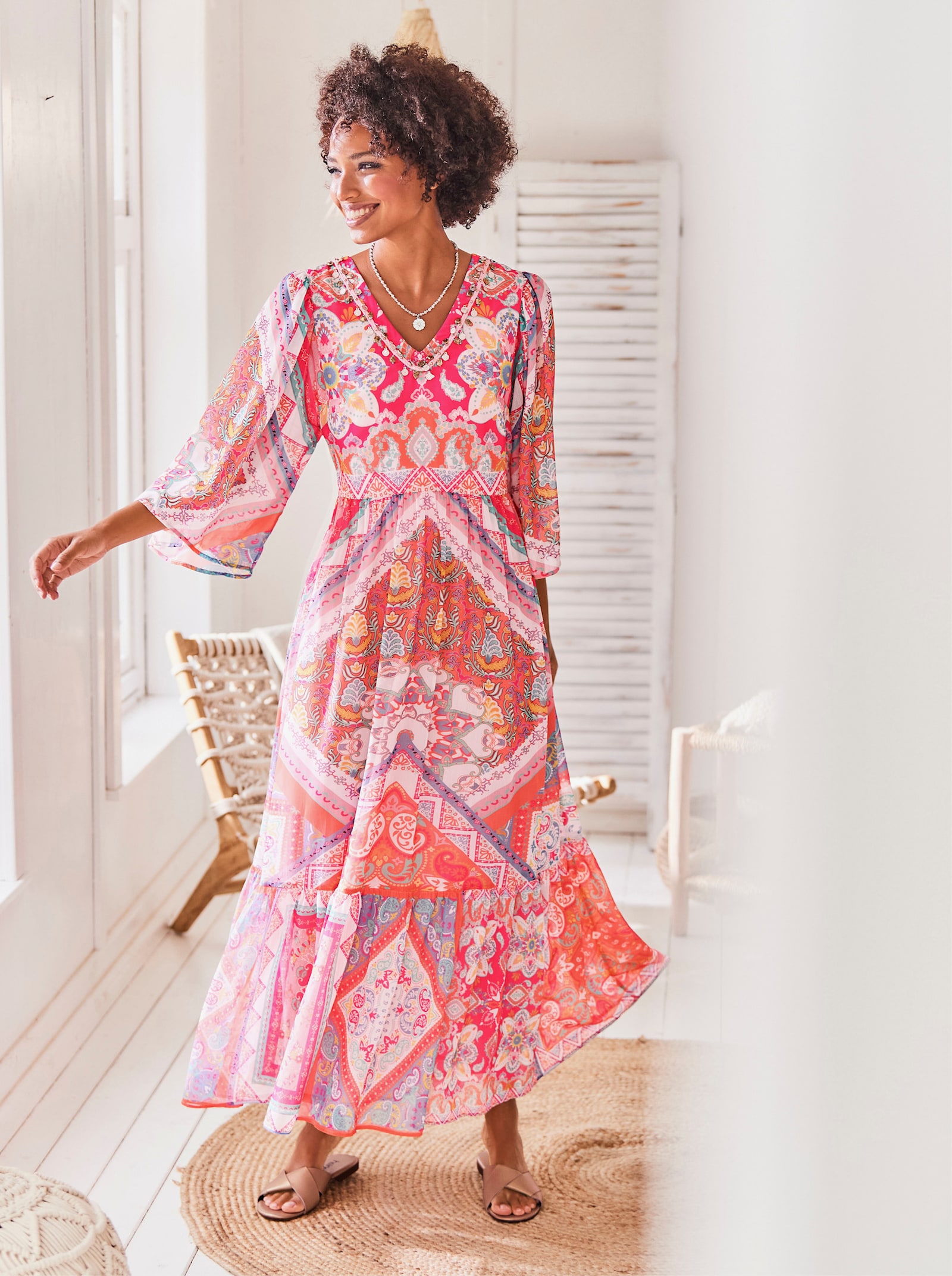 heine Druckkleid in Maxilänge - ecru-rosenquarz-bedruckt