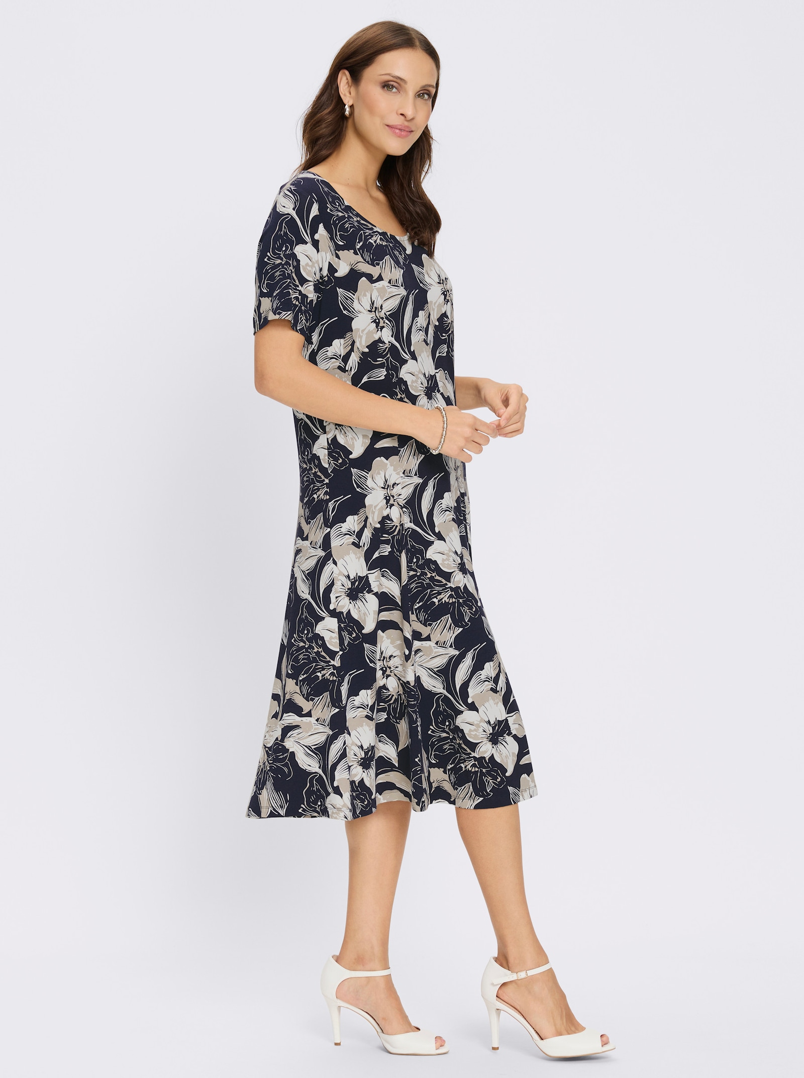 Jerseykleid mit Wiener Nähten - marine-beige-bedruckt