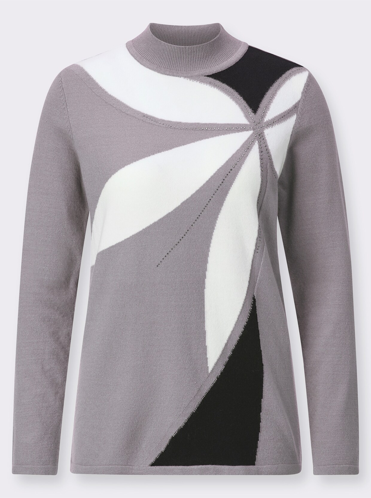 Stehkragenpullover - steingrau-ecru-gemustert