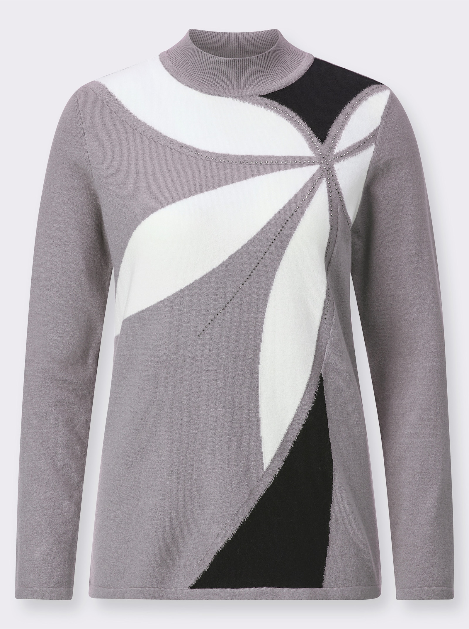 Stehkragenpullover mit Intarsienmuster - steingrau-ecru-gemustert