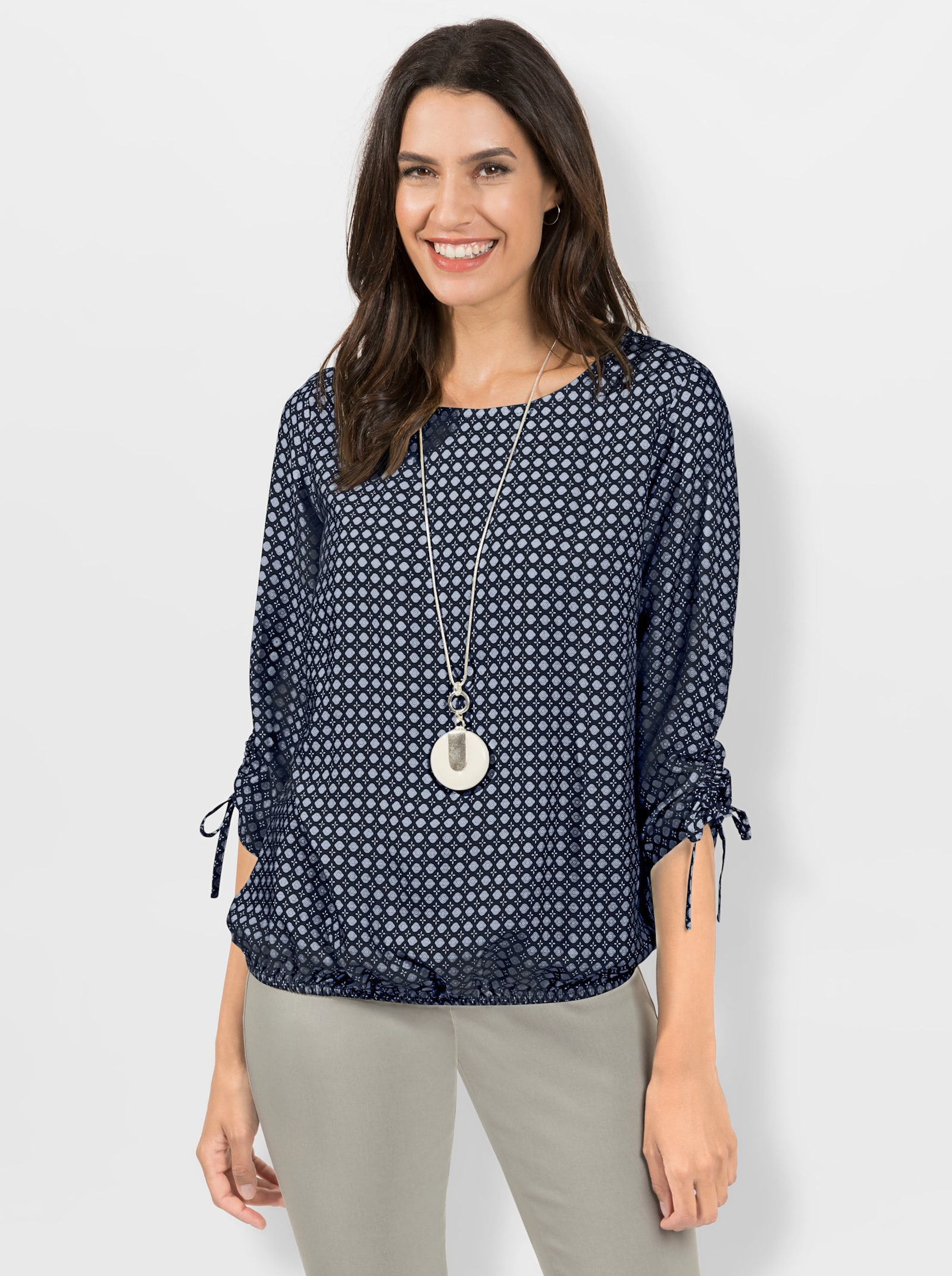 Schlupfbluse mit U-Boot-Ausschnitt, dezent schimmernd - marine-bleu-bedruckt