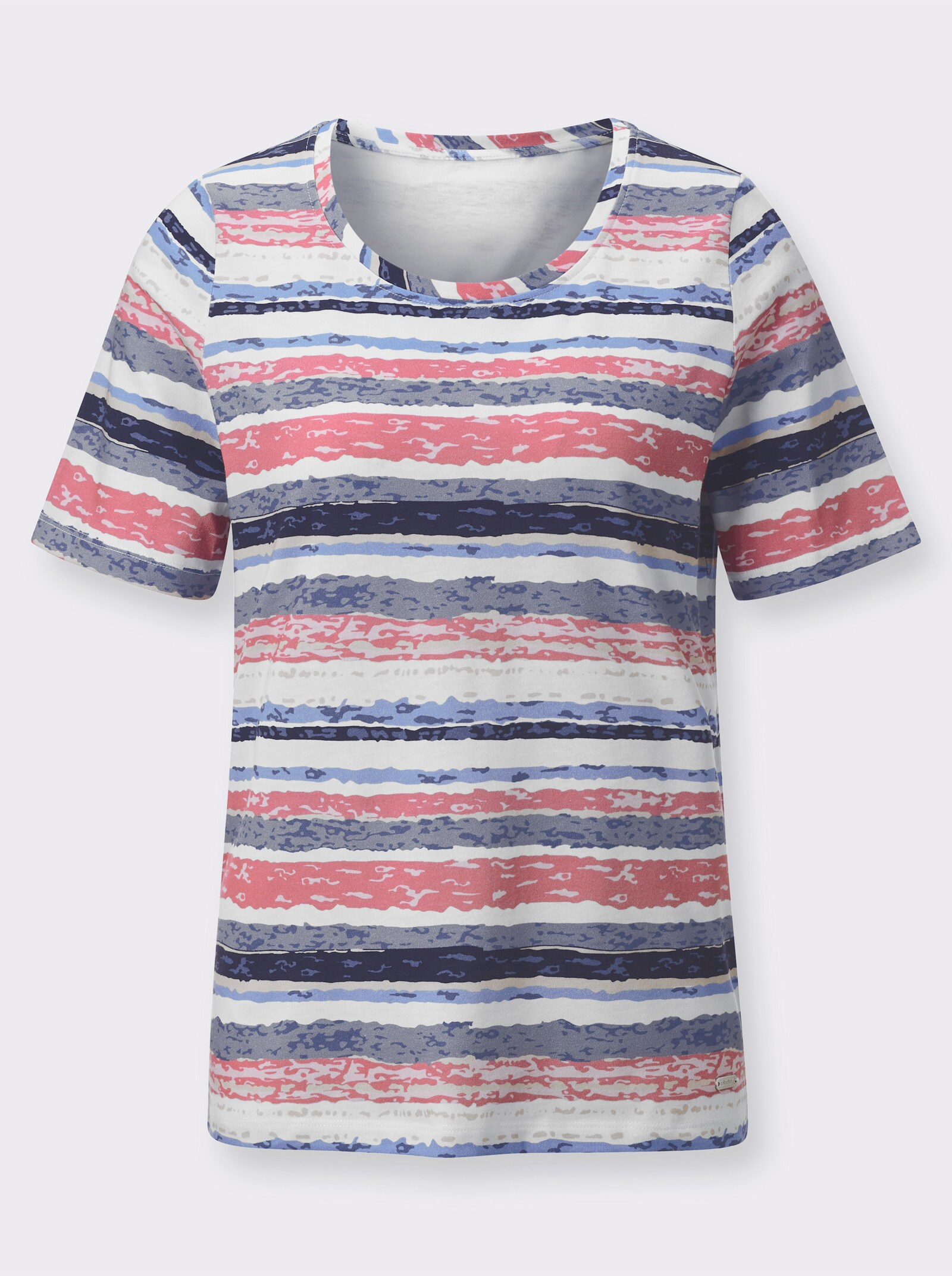 Kurzarmshirt im mehrfarbigen Ringel-Dessin - flamingo-taubenblau-bedruckt