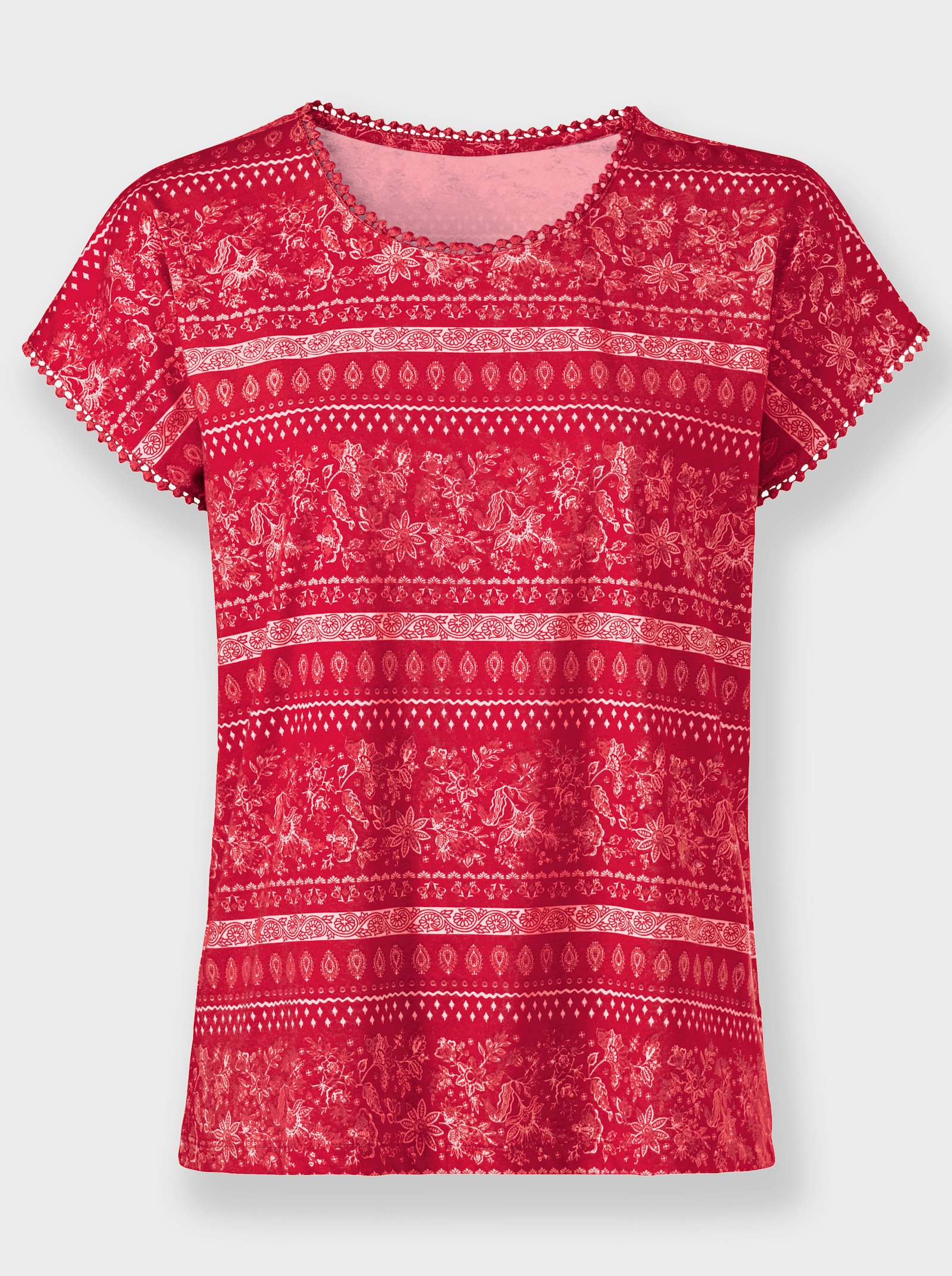 Print-Shirt mit Spitzenborte - erdbeere-ecru-bedruckt