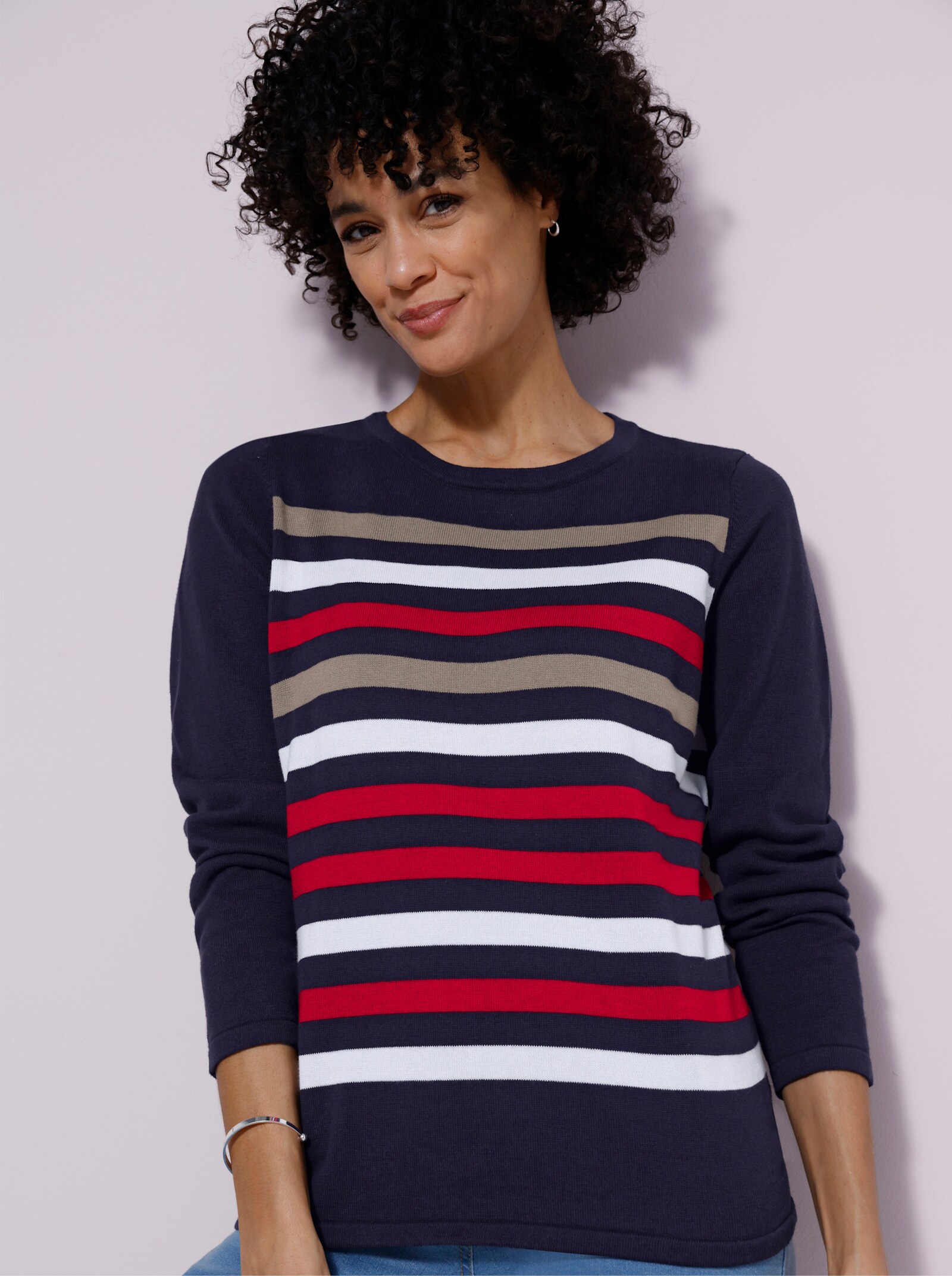 Rundhalspullover aus reiner Baumwoll - marine-rot-geringelt