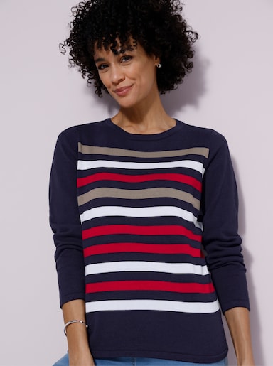 Rundhalspullover aus reiner Baumwoll - marine-rot-geringelt