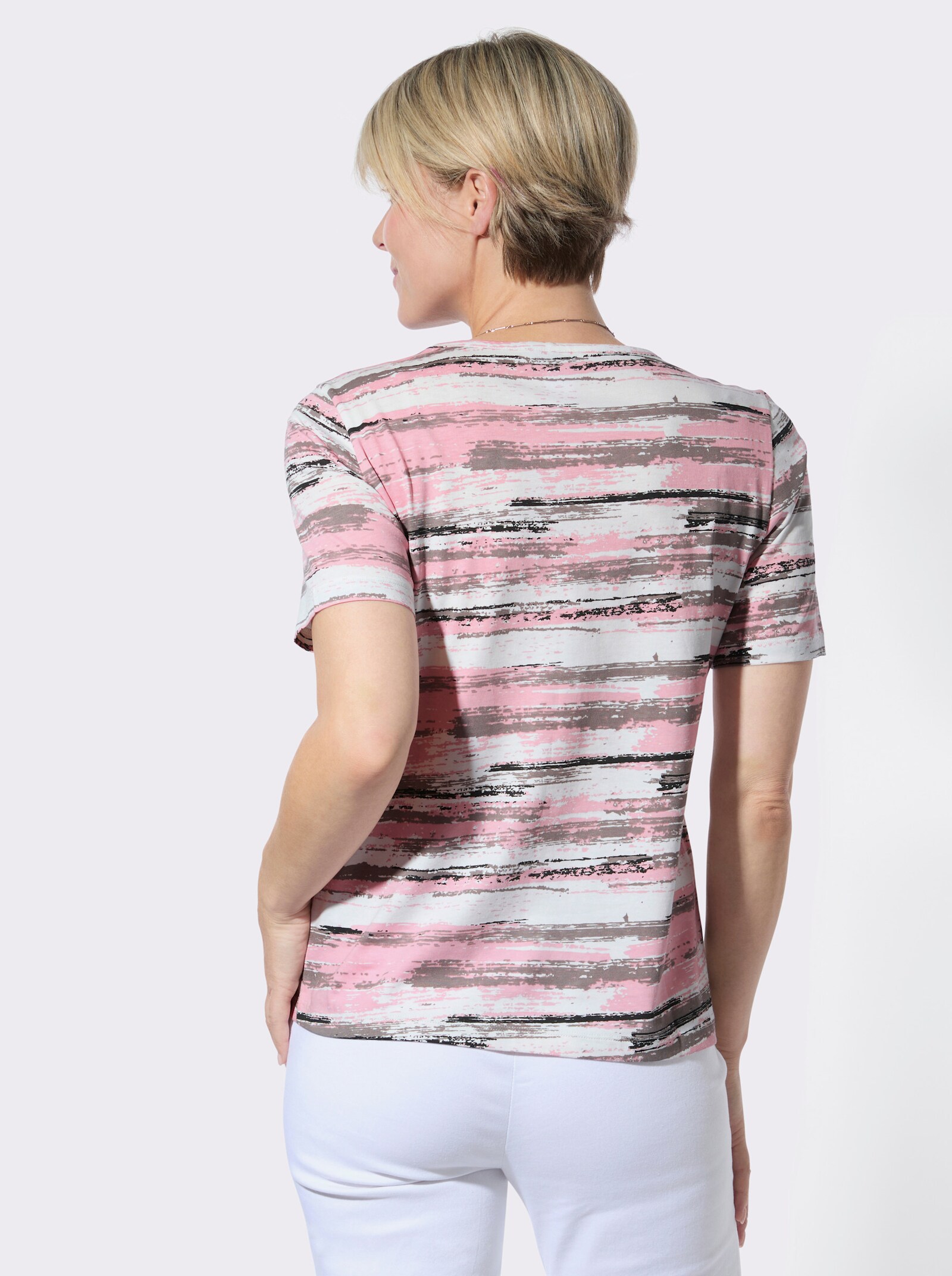 Rundhalsshirt aus reiner Baumwolle - rosé-grau-bedruckt