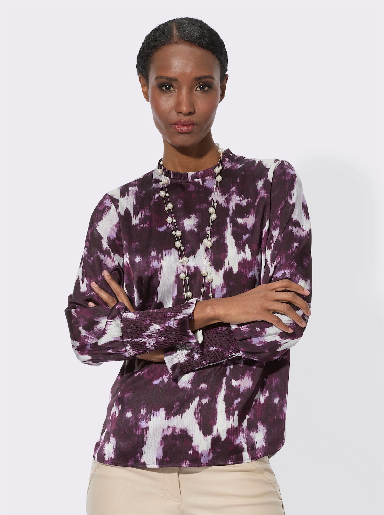 Satinbluse - ecru-aubergine-bedruckt