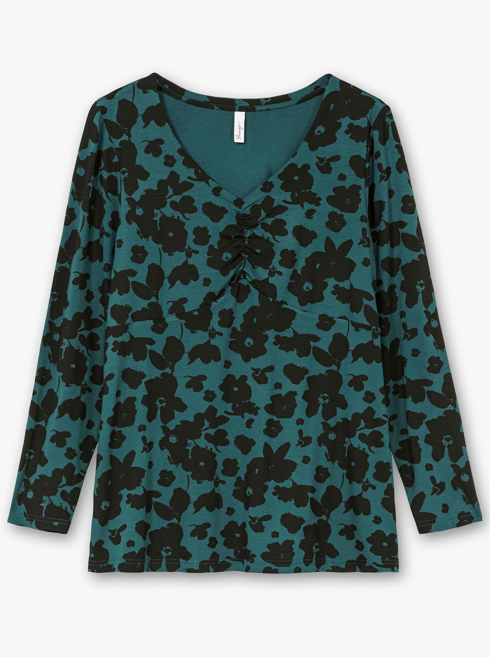 sheego Langarmshirt mit gerafftem V-Ausschnitt - tiefgrün-gemustert