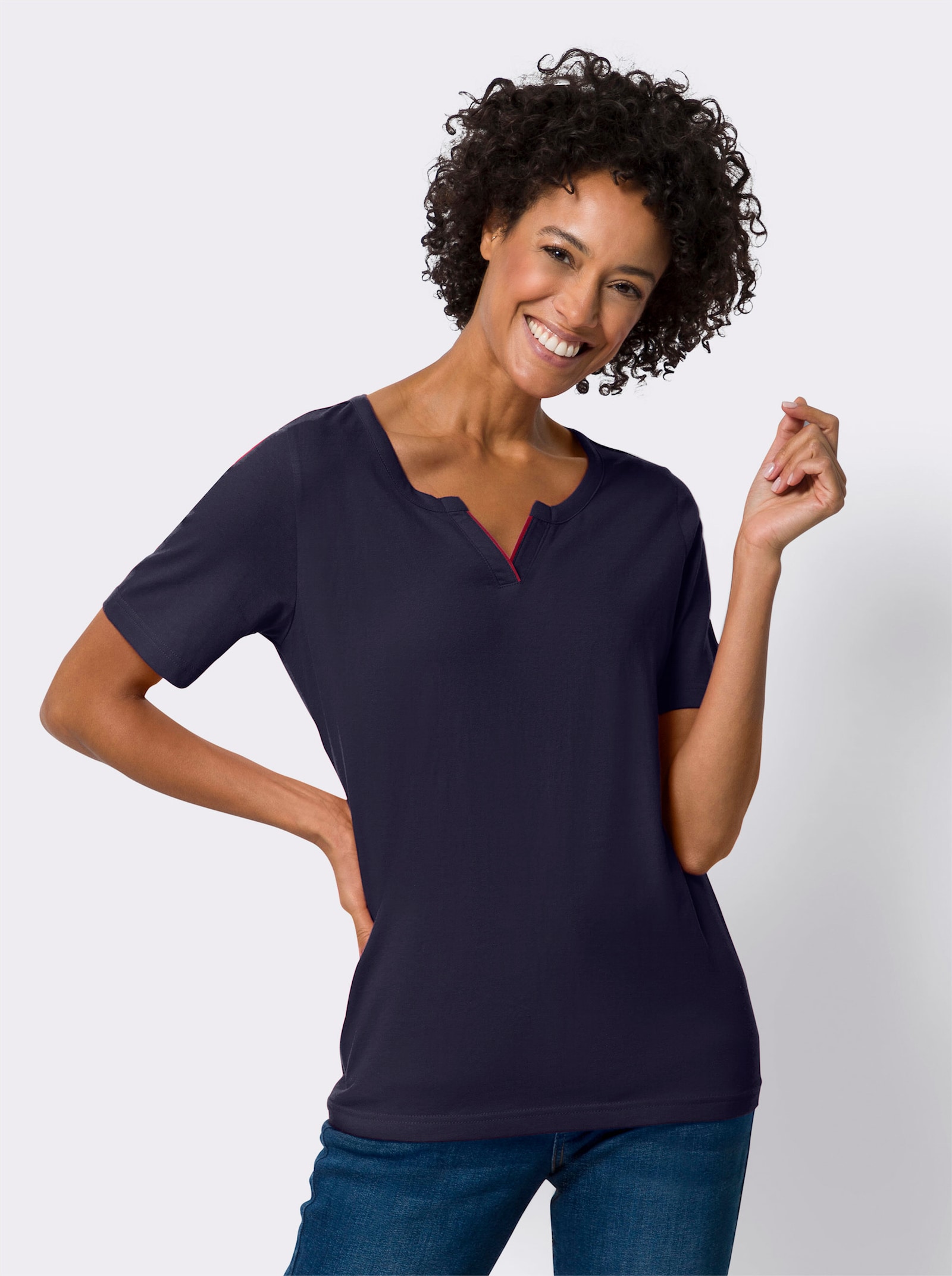 Kurzarmshirt mit Kontrast-Paspelierung - marine