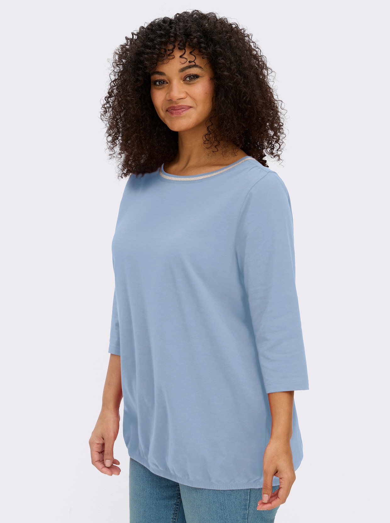 sheego 3/4-Arm-Shirt mit Glitzergarn am Ausschnitt - eisblau