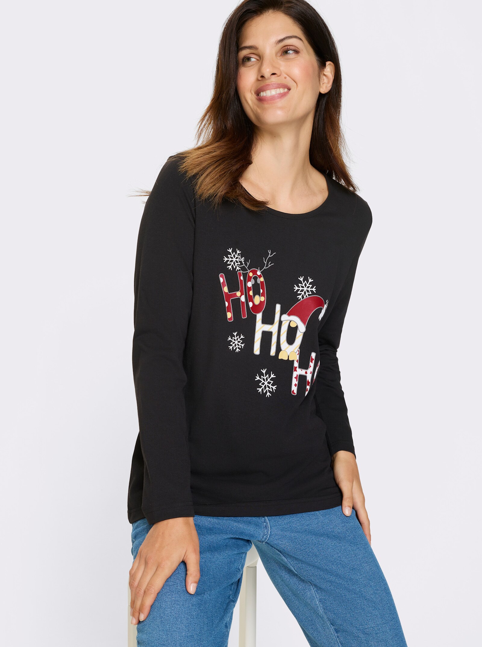 Tričko s dlouhým rukávem s vánočním potiskem - černá-bílá