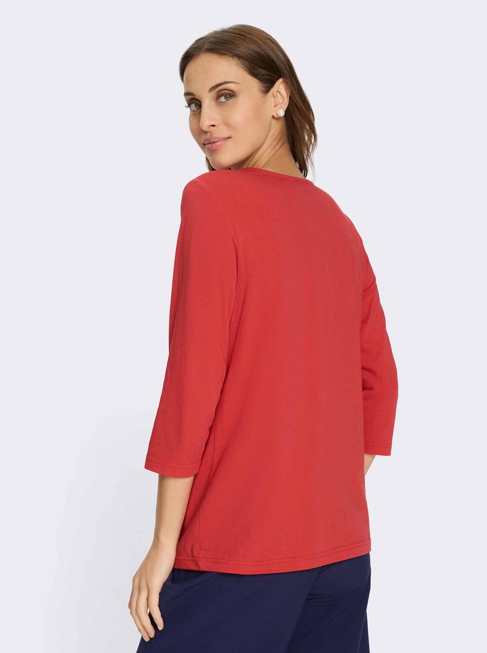 Rundhalsshirt mit Zierperlen und Glitzersteinchen - erdbeere