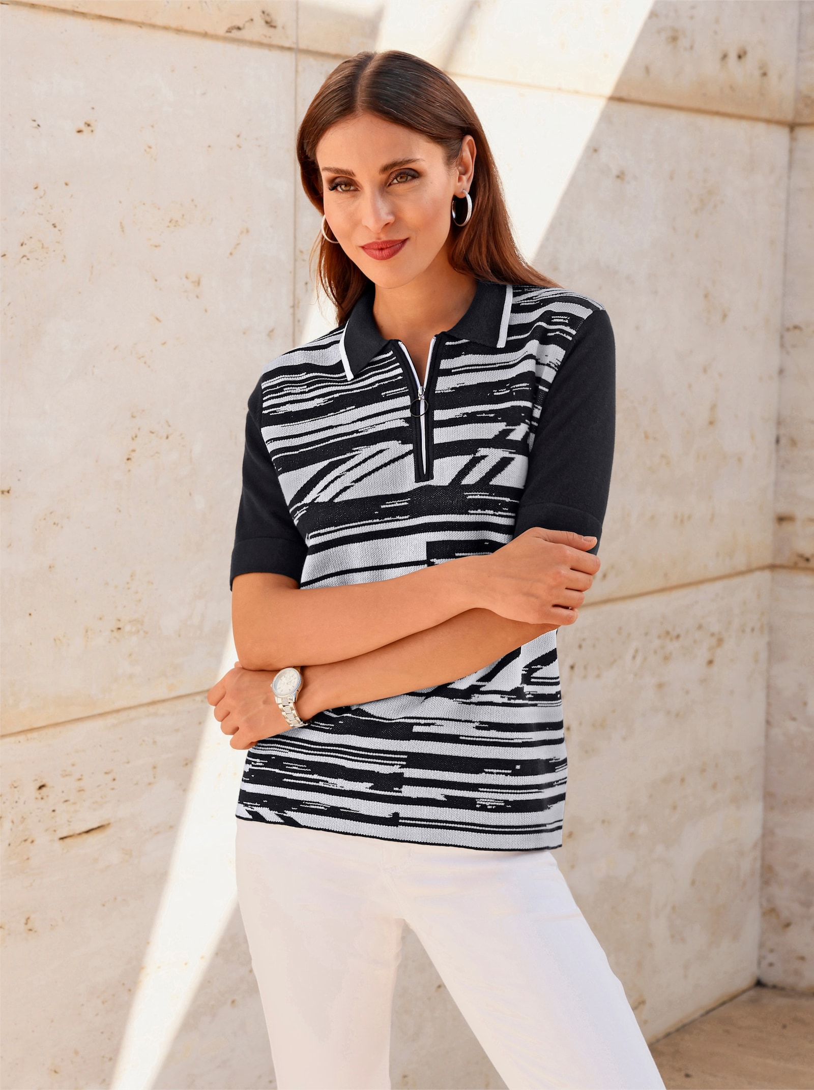 Polopullover mit Reißverschluss - schwarz-weiß-gemustert