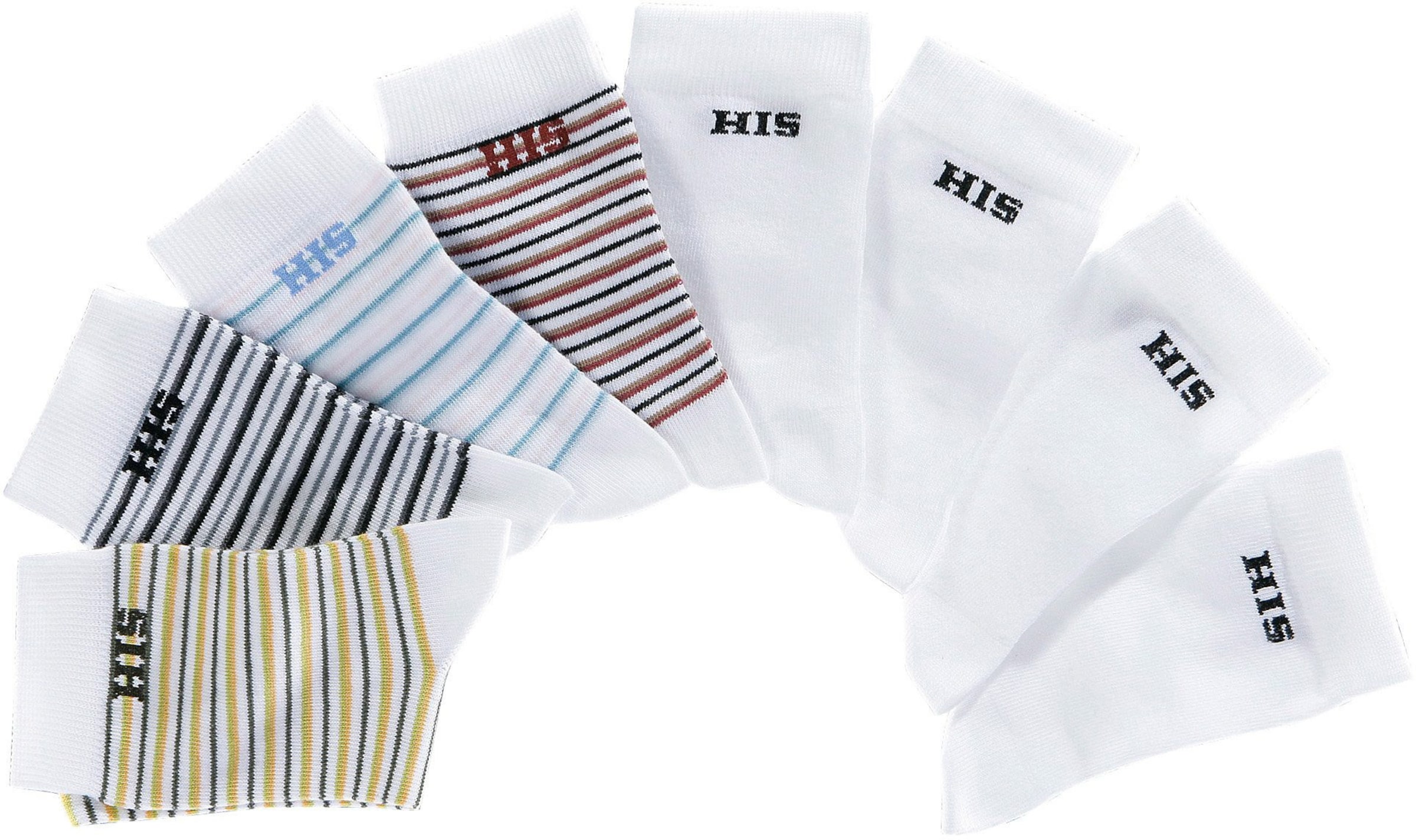 Socken in günstig Kaufen-Socken in bunt-weiß von H.I.S. Socken in bunt-weiß von H.I.S <![CDATA[Markensocken für Ihren modischen Auftritt! Ob geringelt oder uni sind sie das perfekte Accessoire. Die anschmiegsame Drei-Faser-Qualität garantiert optimale Passform, dauerh