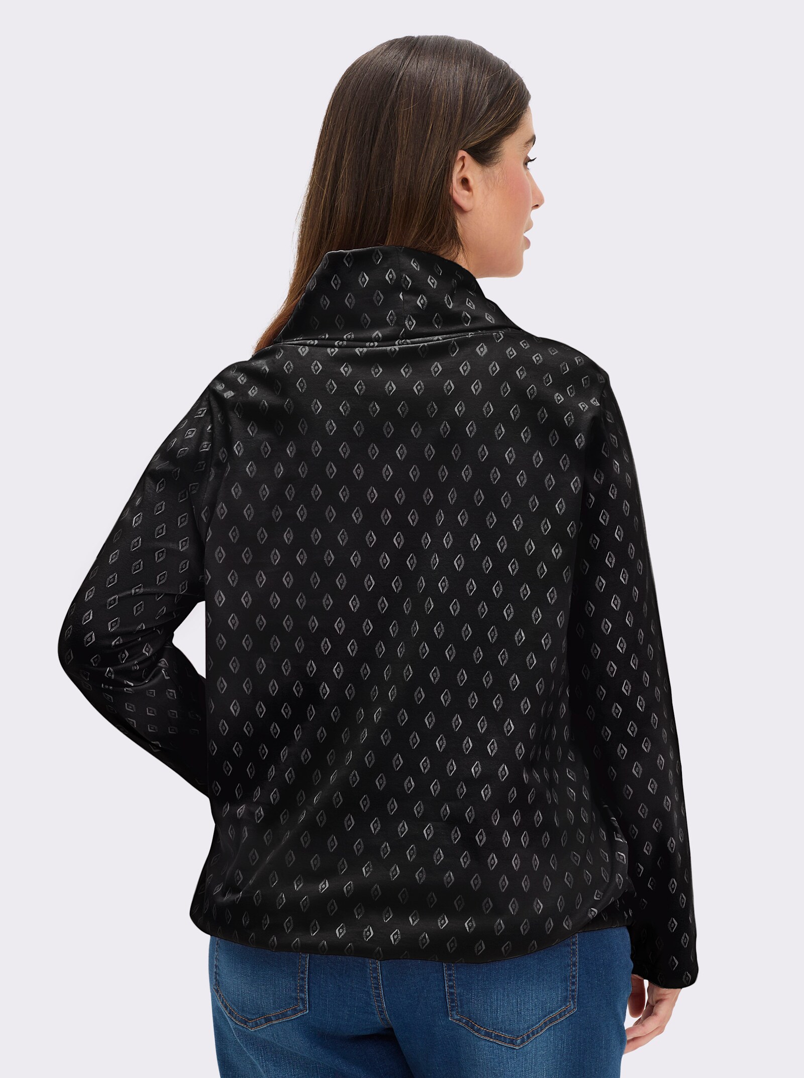 Rollkragenshirt Mit Krempel-Ärmel - schwarz-ecru-bedruckt