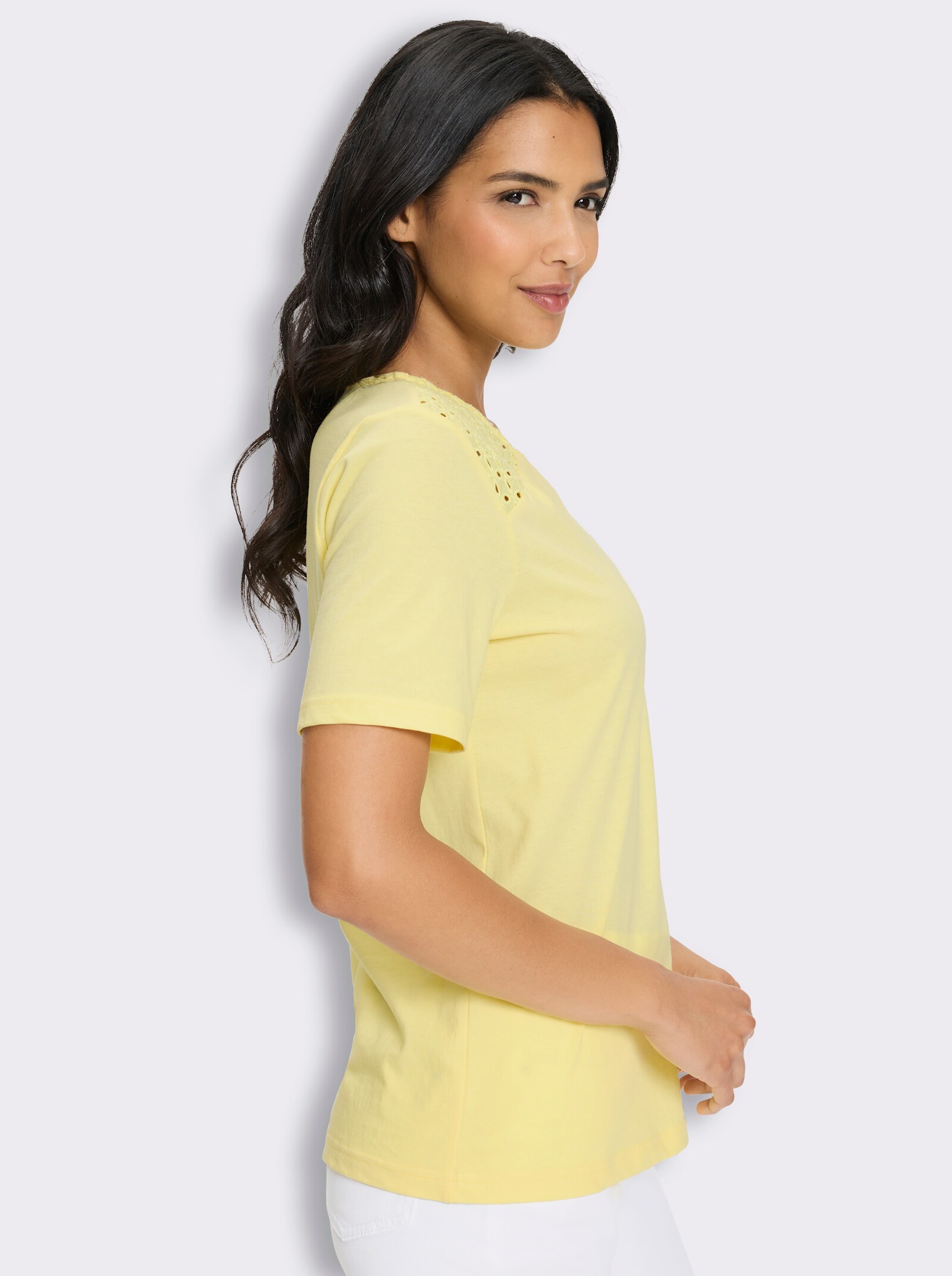 Kurzarmshirt mit Spitzendetails - zitrone