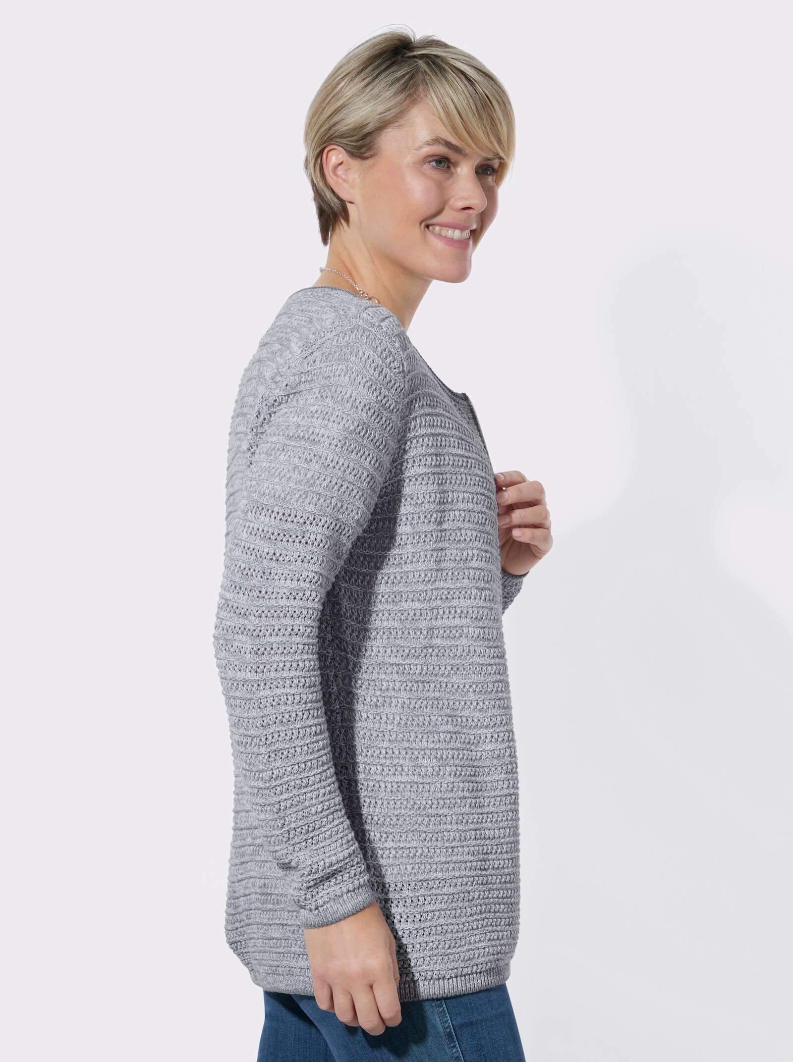 Strickjacke im Ajourmuster - steingrau-meliert