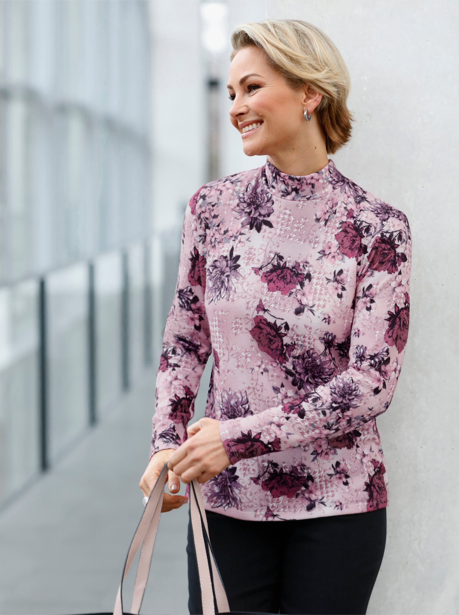 Stehkragenshirt mit floralem Druck - hellrosé-erika-bedruckt