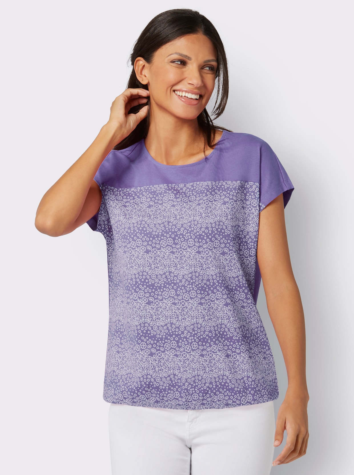 Rundhalsshirt - lavendel-ecru-bedruckt